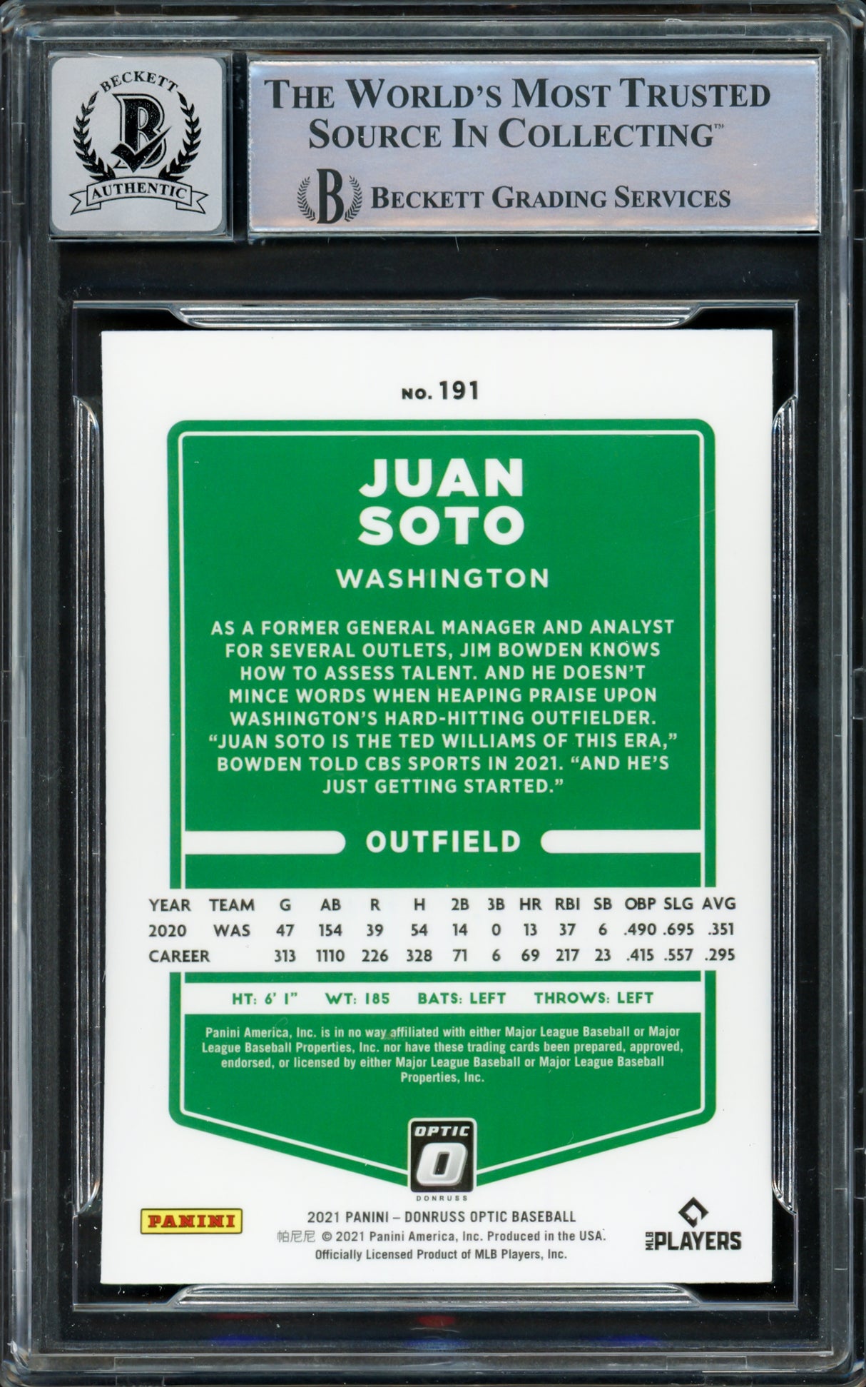 Juan Soto Autographed 2021 Donruss Optic Card #191 New York Mets Auto Grade Gem Mint 10 Beckett BAS #15860491