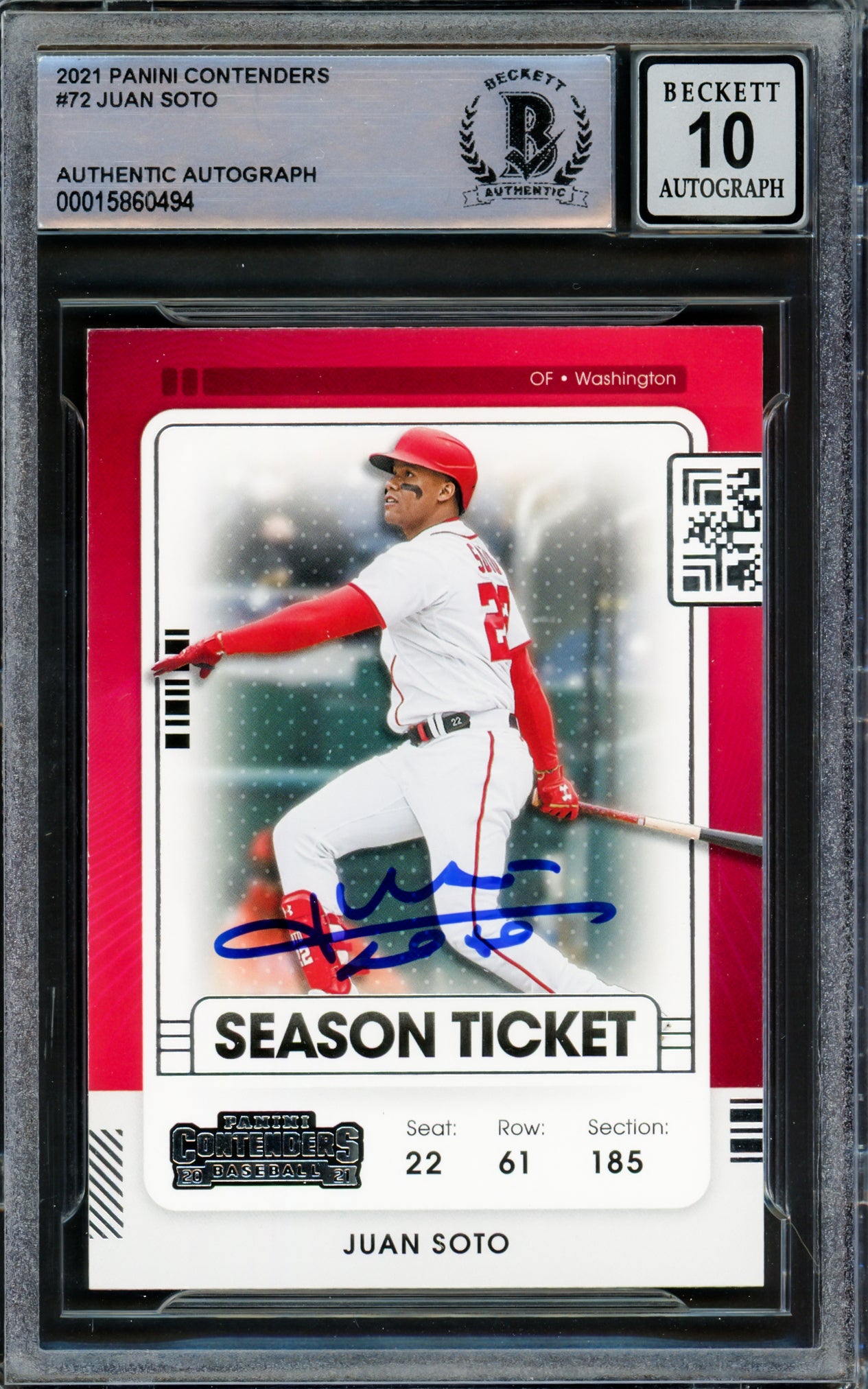 Juan Soto Autographed 2021 Panini Contenders Card #72 New York Mets Auto Grade Gem Mint 10 Beckett BAS #15860494
