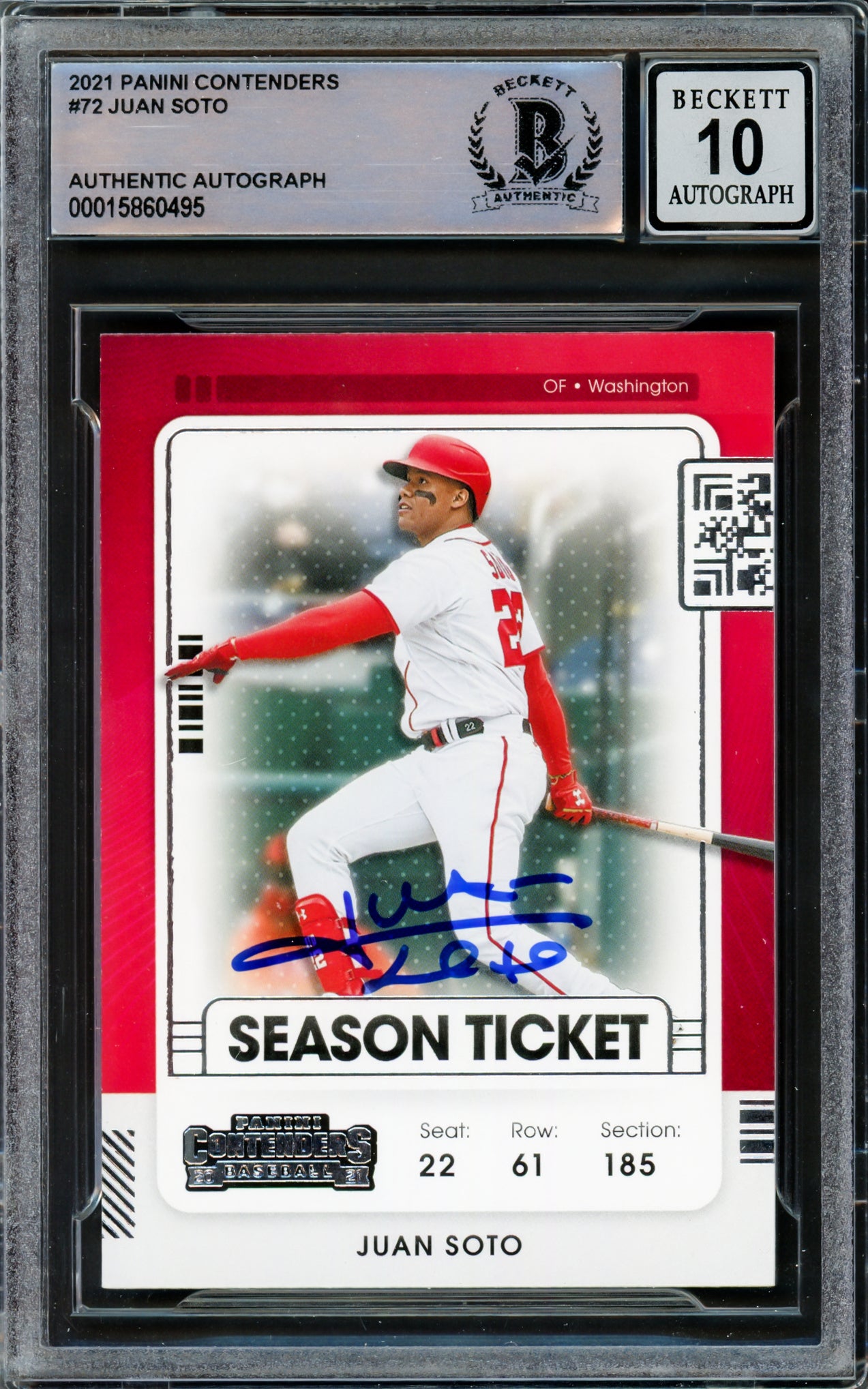 Juan Soto Autographed 2021 Panini Contenders Card #72 New York Mets Auto Grade Gem Mint 10 Beckett BAS #15860495