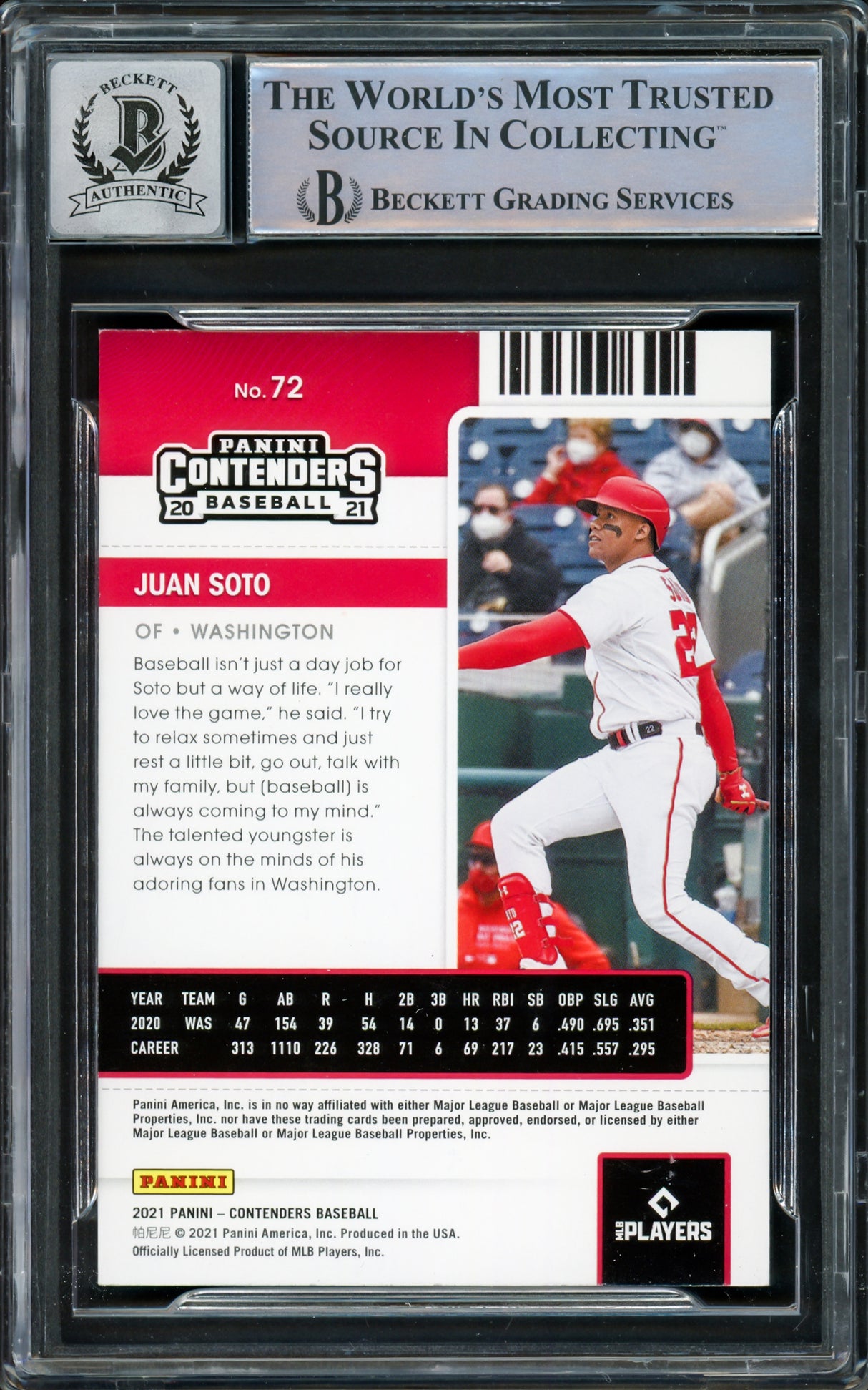 Juan Soto Autographed 2021 Panini Contenders Card #72 New York Mets Auto Grade Gem Mint 10 Beckett BAS #15860495