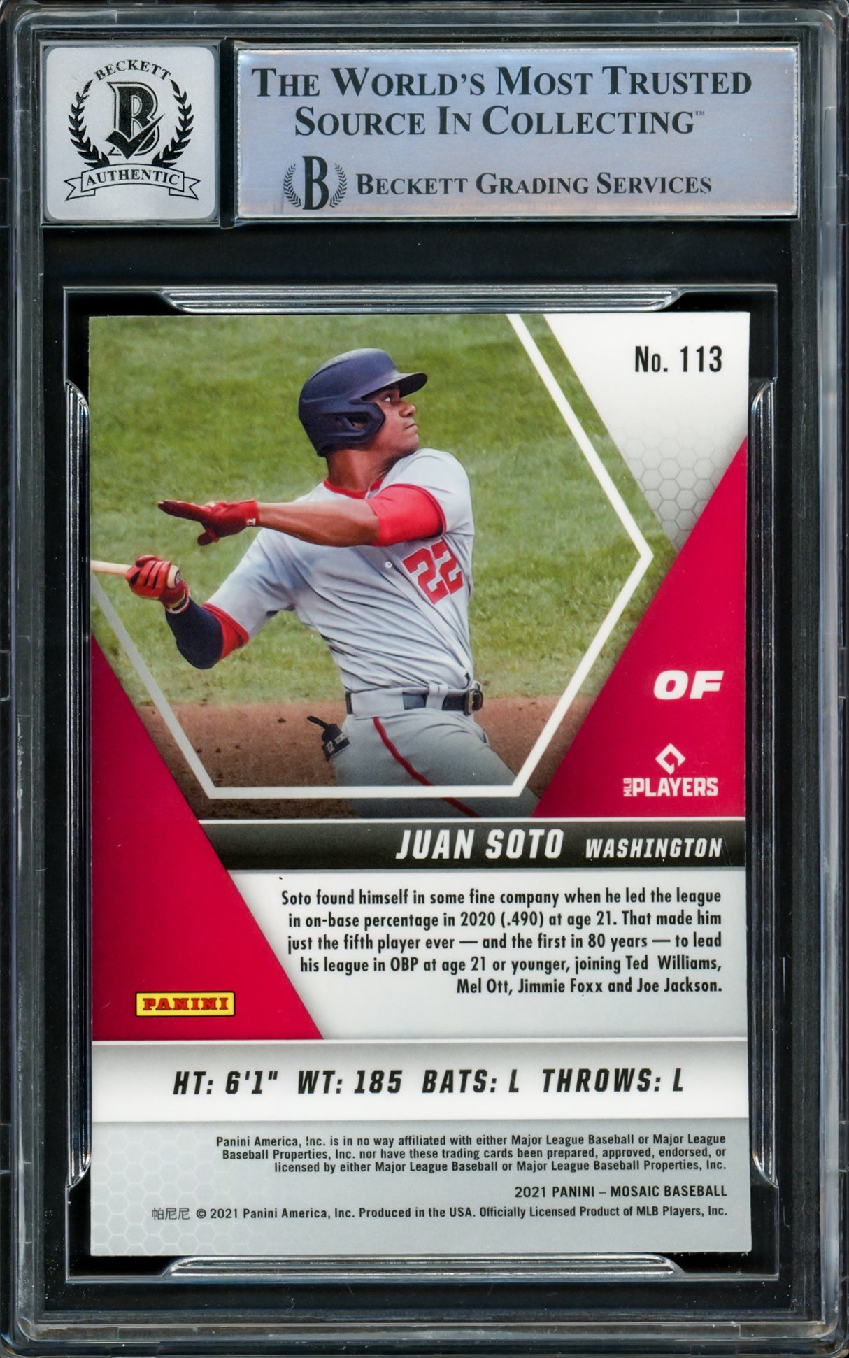 Juan Soto Autographed 2021 Panini Mosaic Card #113 New York Mets Auto Grade Gem Mint 10 Beckett BAS #15860496