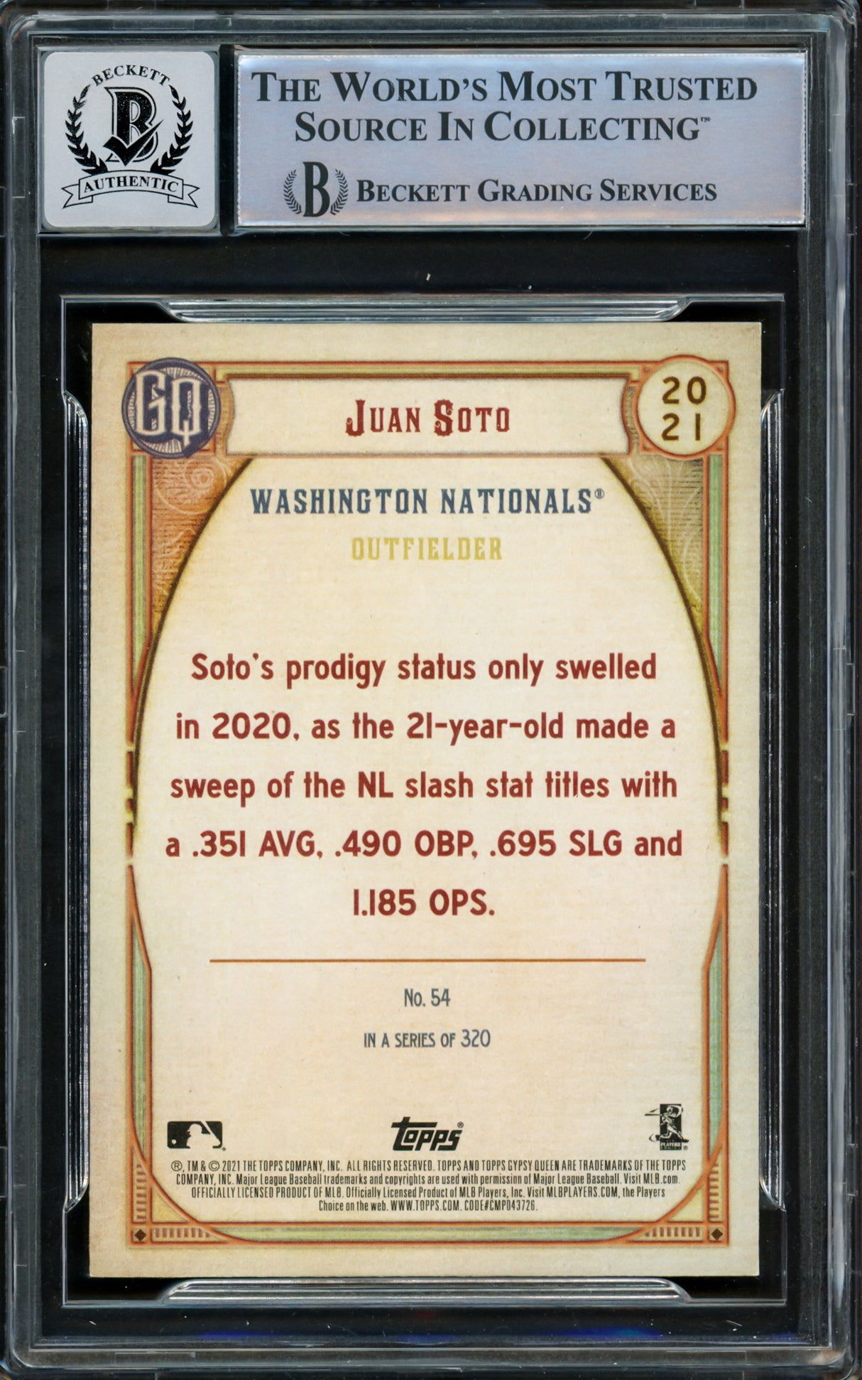 Juan Soto Autographed 2021 Topps Gypsy Queen Card #54 New York Mets Auto Grade Gem Mint 10 Beckett BAS #15860531