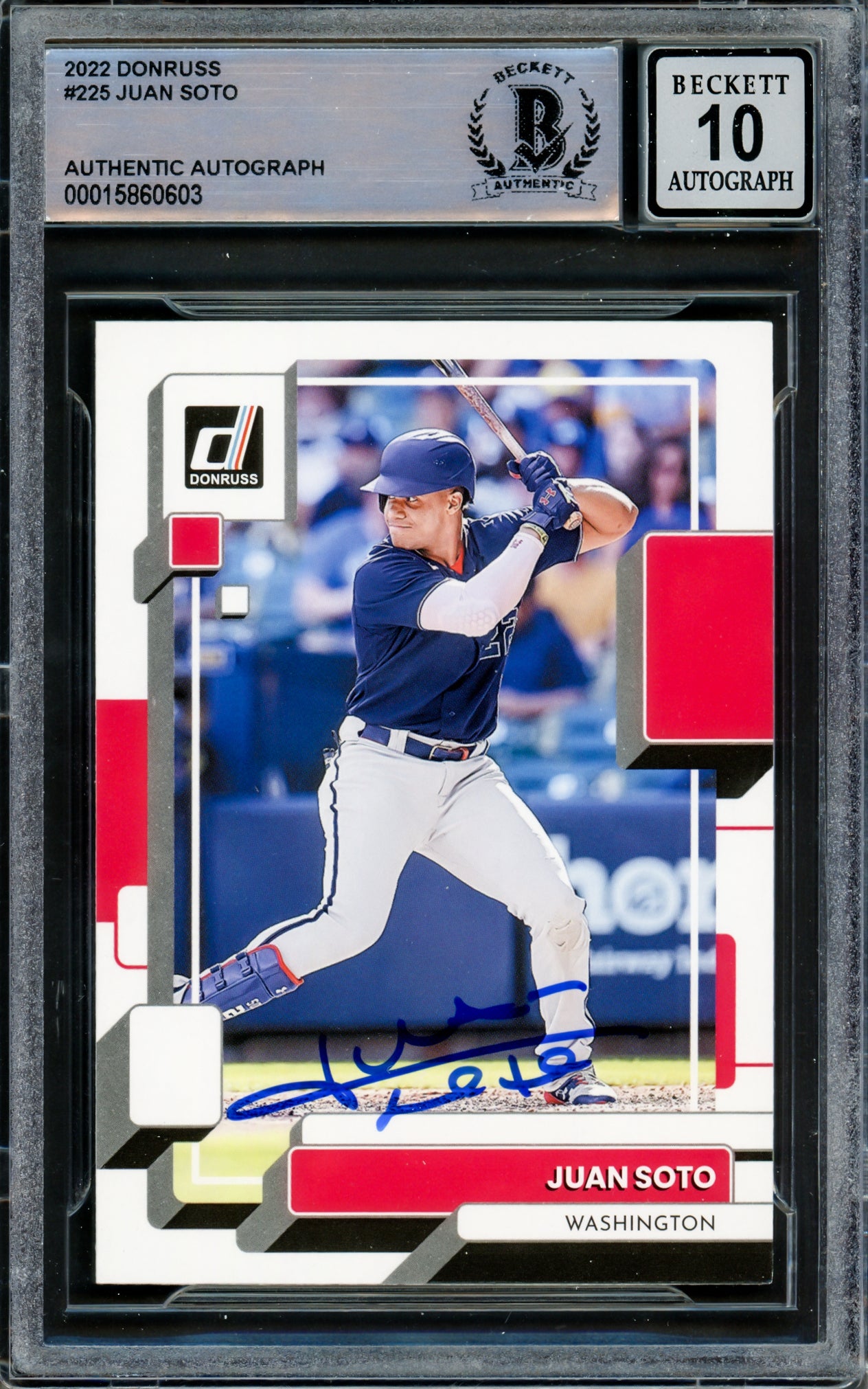Juan Soto Autographed 2022 Donruss Card #225 New York Mets Auto Grade Gem Mint 10 Beckett BAS #15860603