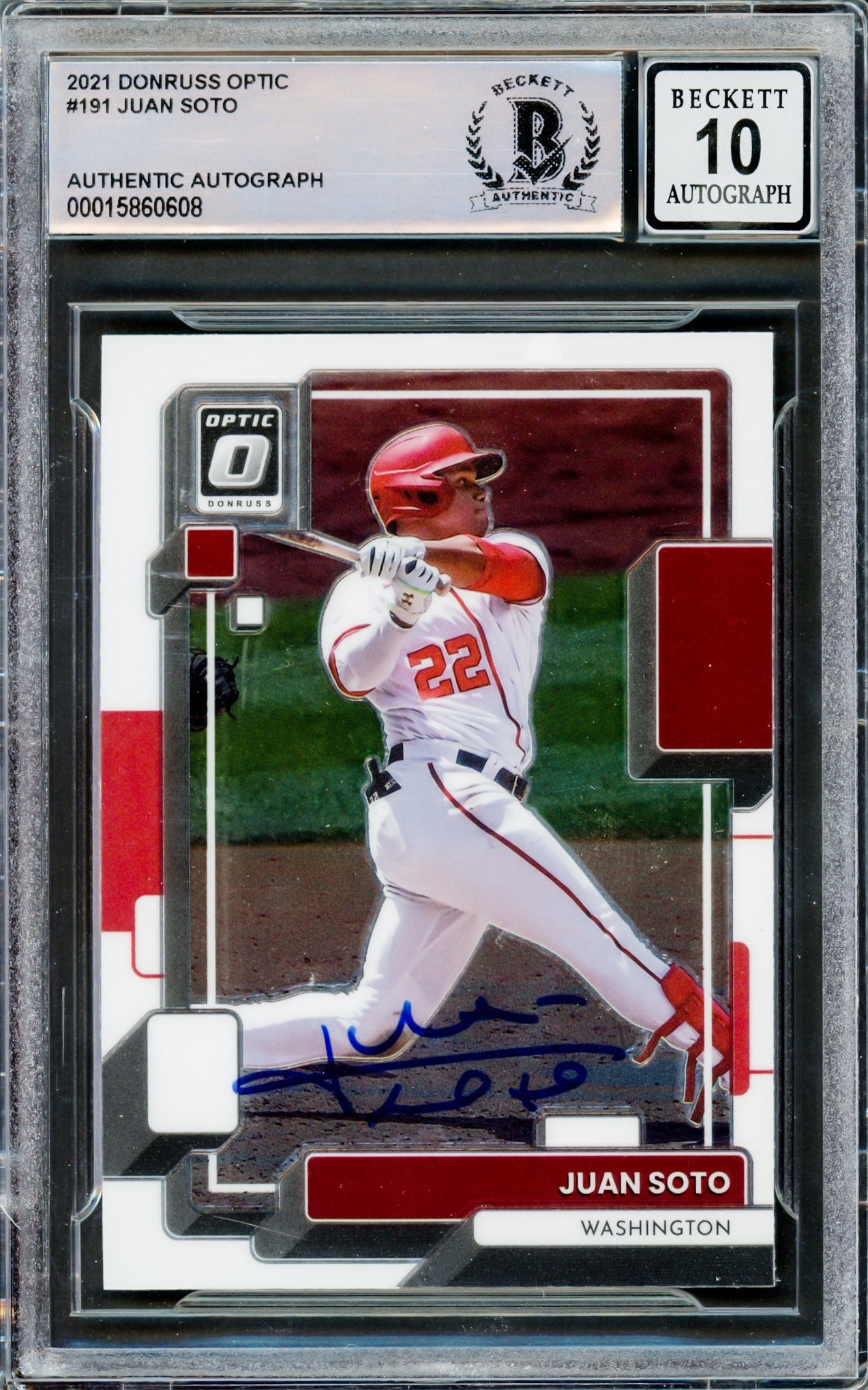 Juan Soto Autographed 2021 Donruss Optic Card #191 New York Mets Auto Grade Gem Mint 10 Beckett BAS #15860608