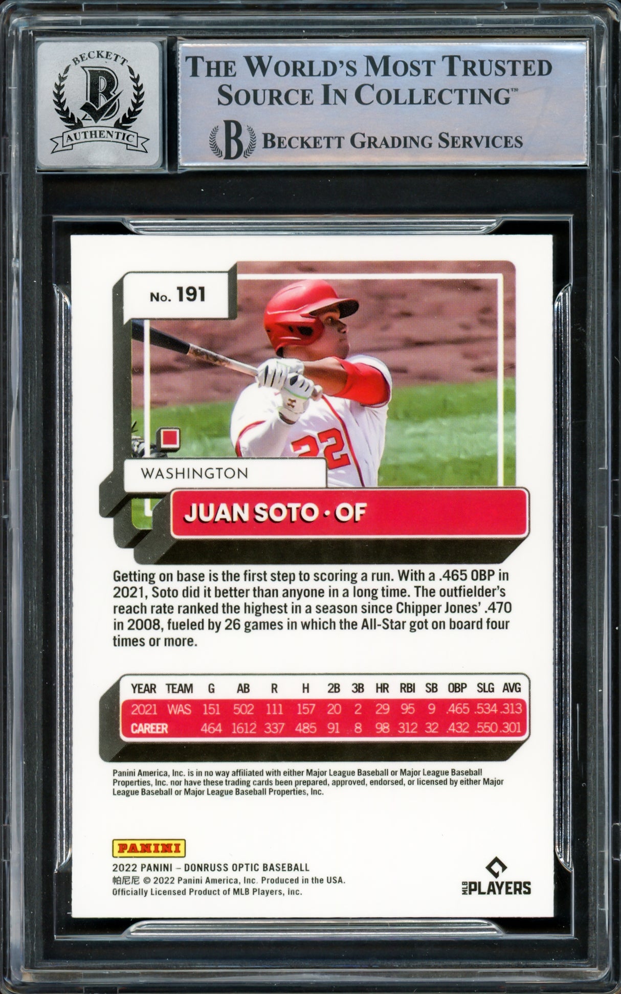 Juan Soto Autographed 2021 Donruss Optic Card #191 New York Mets Auto Grade Gem Mint 10 Beckett BAS #15860608