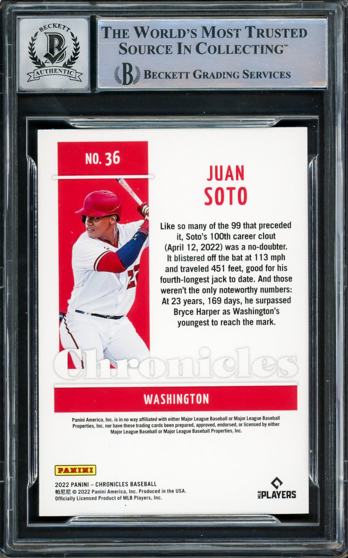 Juan Soto Autographed 2022 Panini Chronicles Card #36 New York Mets Auto Grade Gem Mint 10 Beckett BAS #15860609