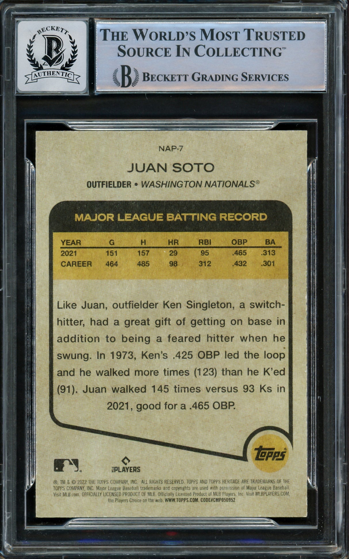 Juan Soto Autographed 2022 Topps Heritage New Age Performers Card #NAP-7 New York Mets Auto Grade Gem Mint 10 Beckett BAS #15860693