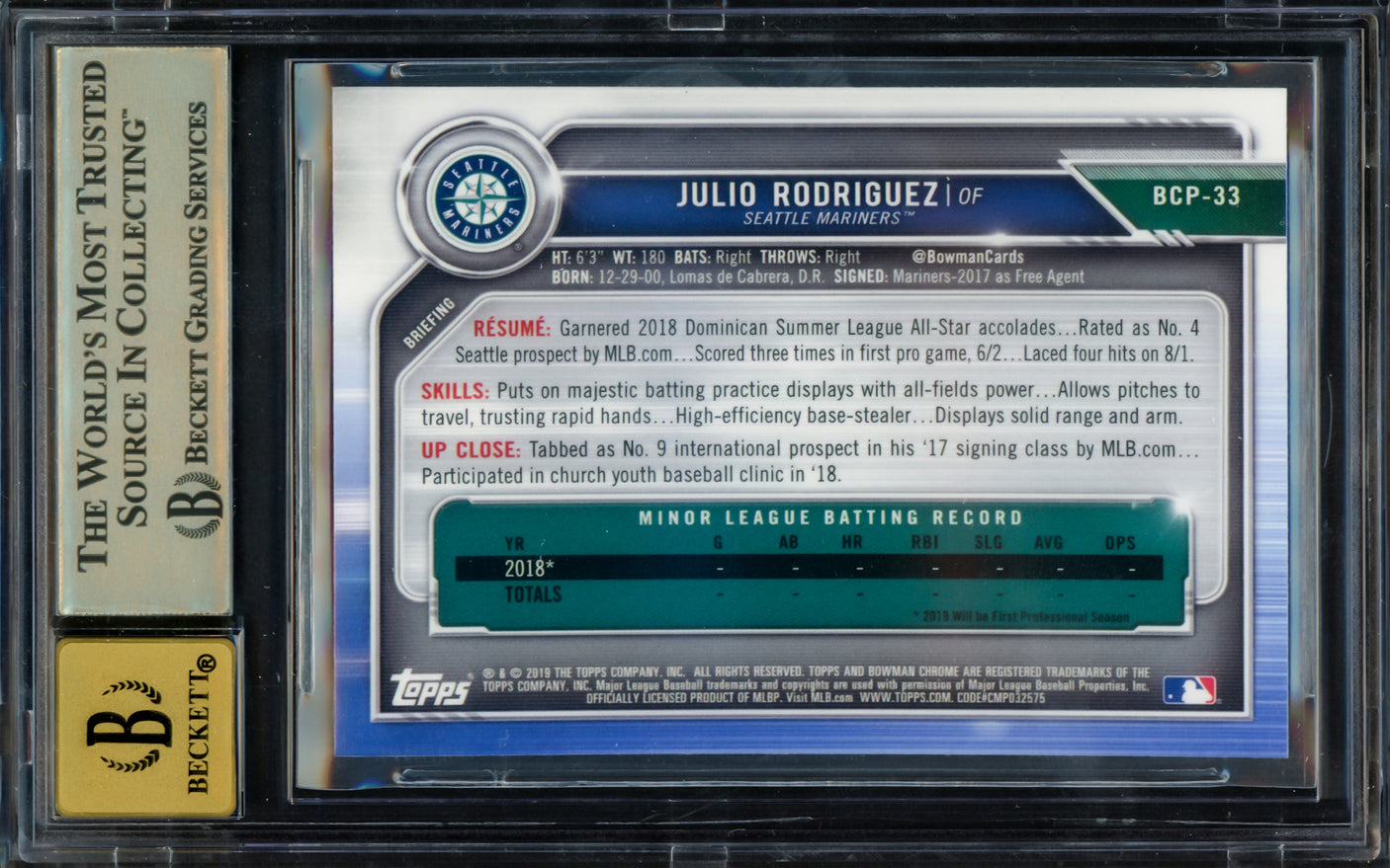 Julio Rodriguez Autographed 2019 Bowman Chrome Prospects 1st Bowman Rookie Card #BCP33 Seattle Mariners BGS 9.5 Auto Grade Gem Mint 10 Beckett BAS #15265557