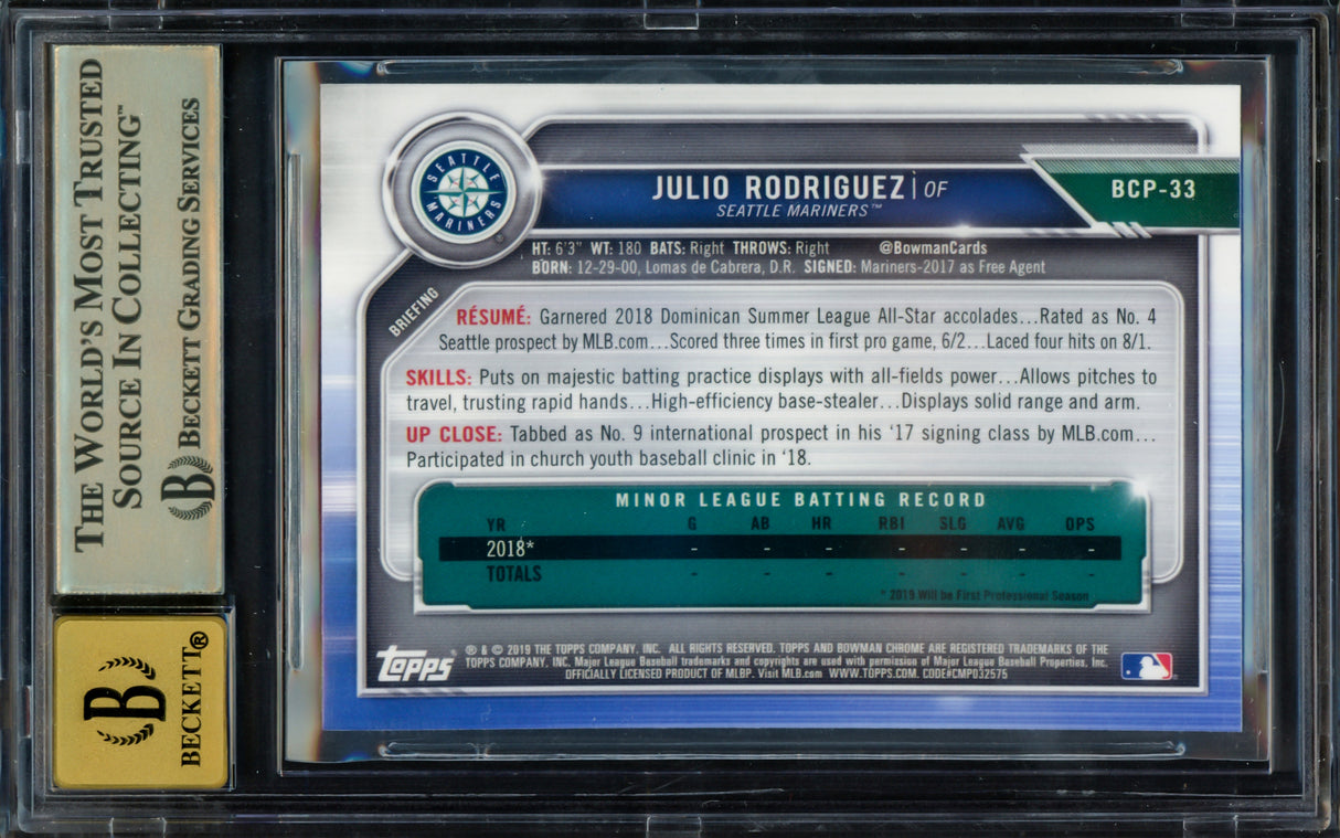 Julio Rodriguez Autographed 2019 Bowman Chrome Prospects 1st Bowman Rookie Card #BCP33 Seattle Mariners BGS 9.5 Auto Grade Gem Mint 10 Beckett BAS #15265557