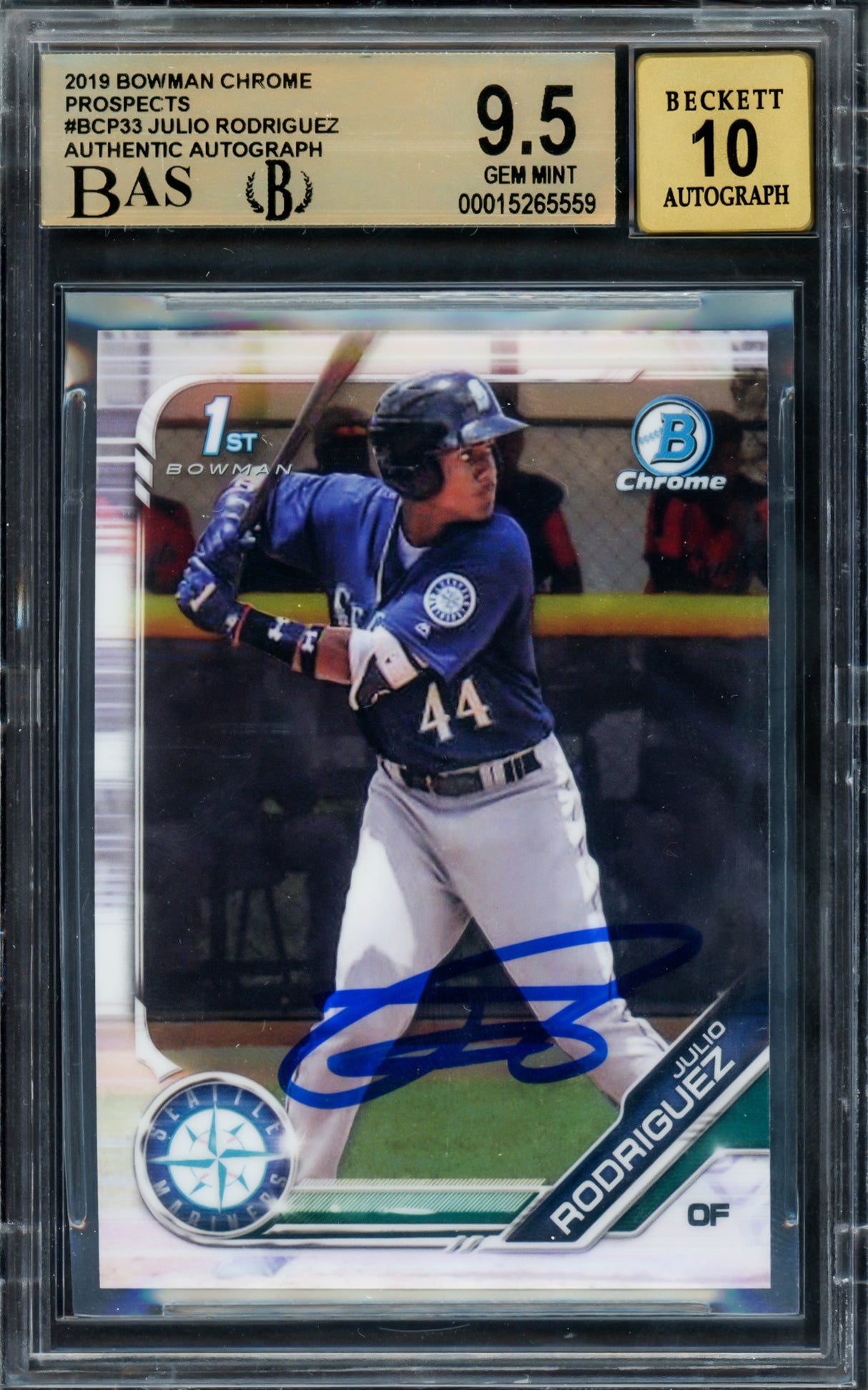Julio Rodriguez Autographed 2019 Bowman Chrome Prospects 1st Bowman Rookie Card #BCP33 Seattle Mariners BGS 9.5 Auto Grade Gem Mint 10 Beckett BAS #15265559