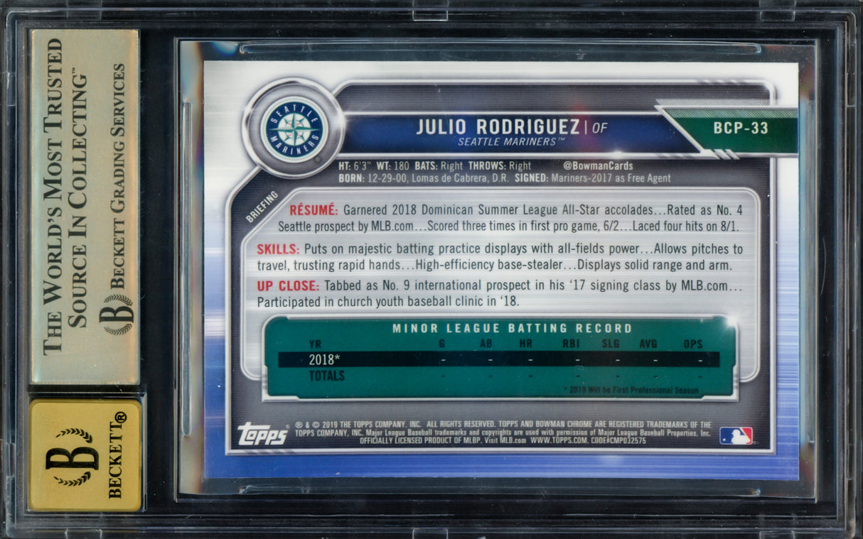 Julio Rodriguez Autographed 2019 Bowman Chrome Prospects 1st Bowman Rookie Card #BCP33 Seattle Mariners BGS 9.5 Auto Grade Gem Mint 10 Beckett BAS #15265559