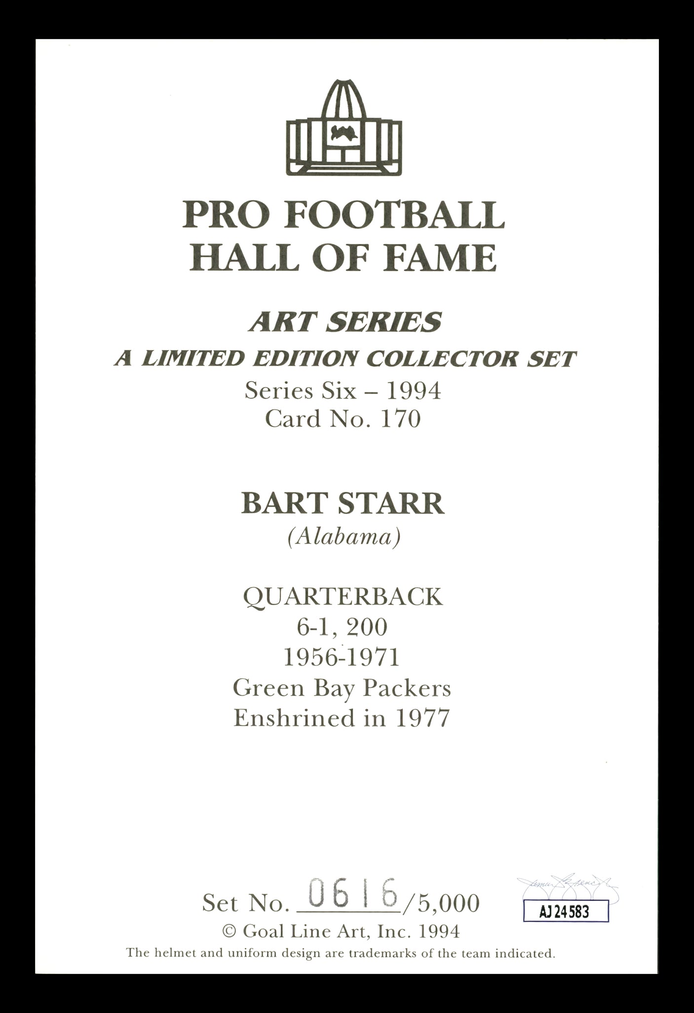 Bart Starr Autographed 1994 Goal Line Art Card Green Bay Packers "HOF 77" JSA #AJ24583