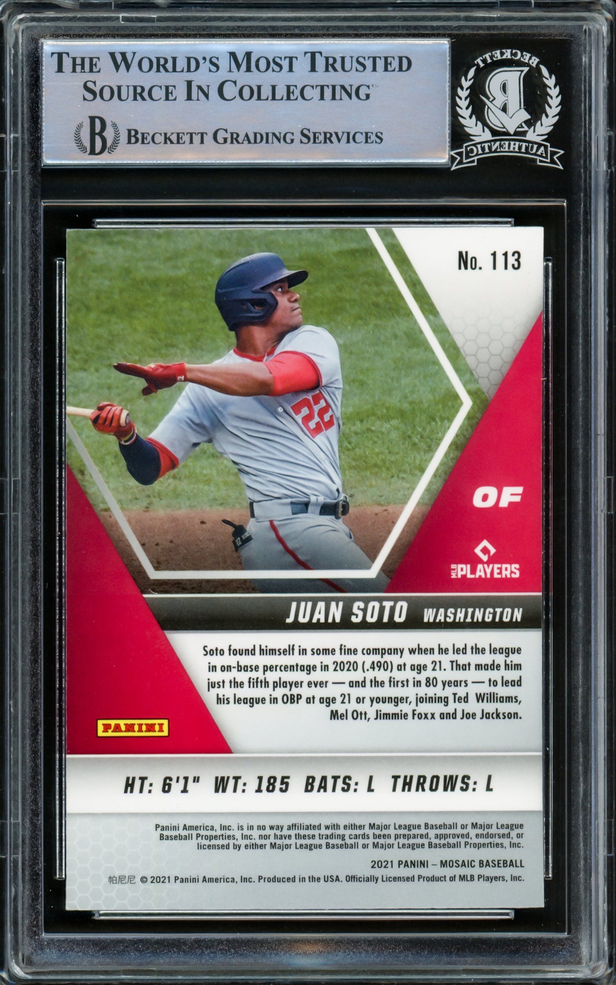 Juan Soto Autographed 2021 Panini Mosaic Card #113 New York Mets Beckett BAS #15866945