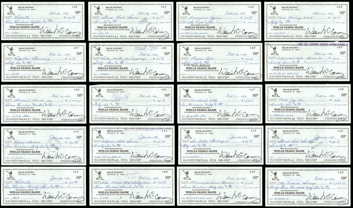 Lot of 50 Willie McCovey Autographed 3x6 Checks San Francisco Giants SKU #219430