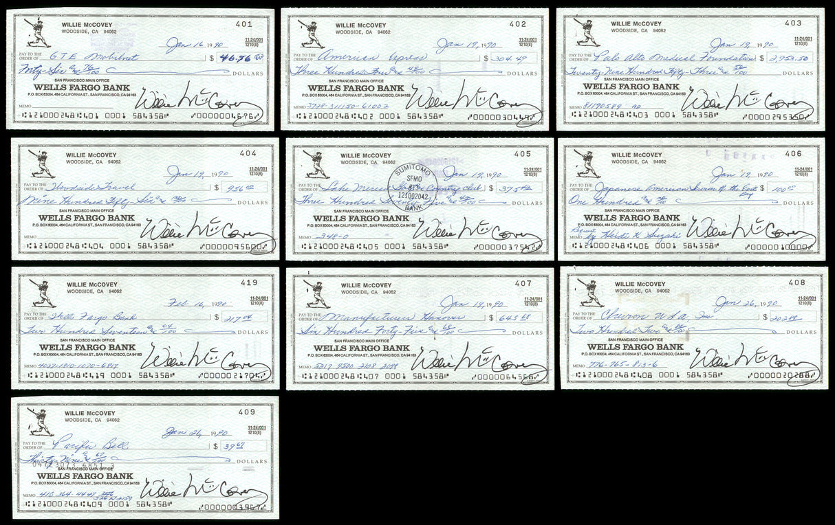 Lot of 50 Willie McCovey Autographed 3x6 Checks San Francisco Giants SKU #219430