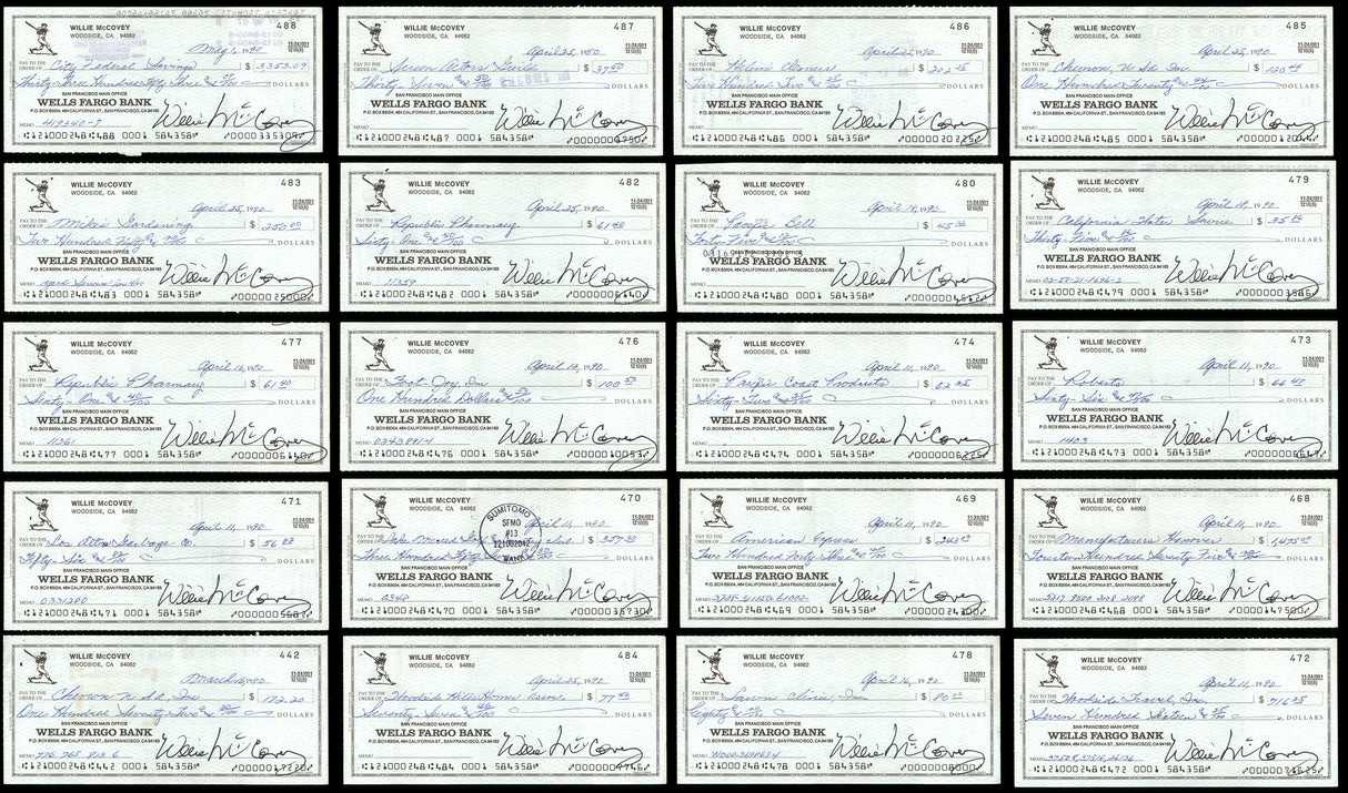 Lot of 50 Willie McCovey Autographed 3x6 Checks San Francisco Giants SKU #219431