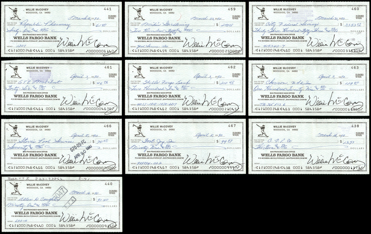 Lot of 50 Willie McCovey Autographed 3x6 Checks San Francisco Giants SKU #219431
