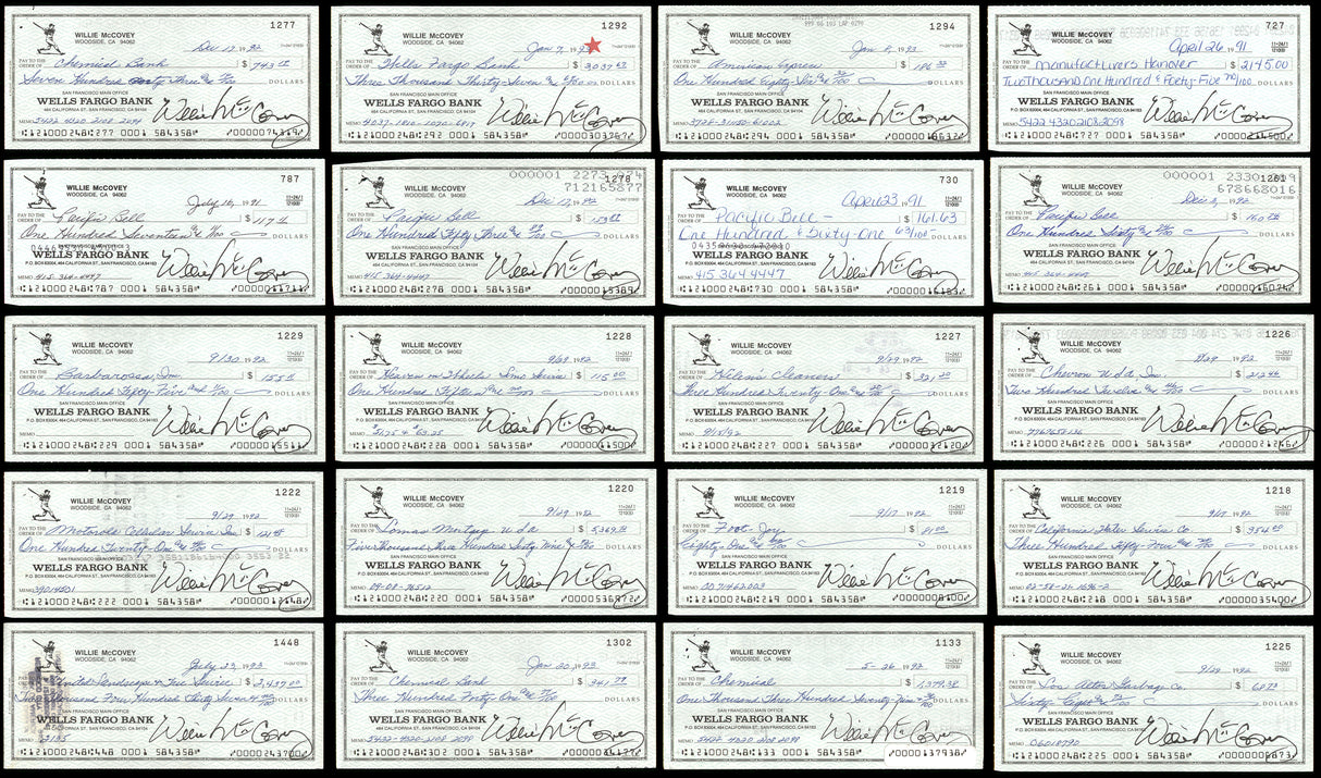 Lot of 20 Willie McCovey Autographed 3x6 Checks San Francisco Giants SKU #219425