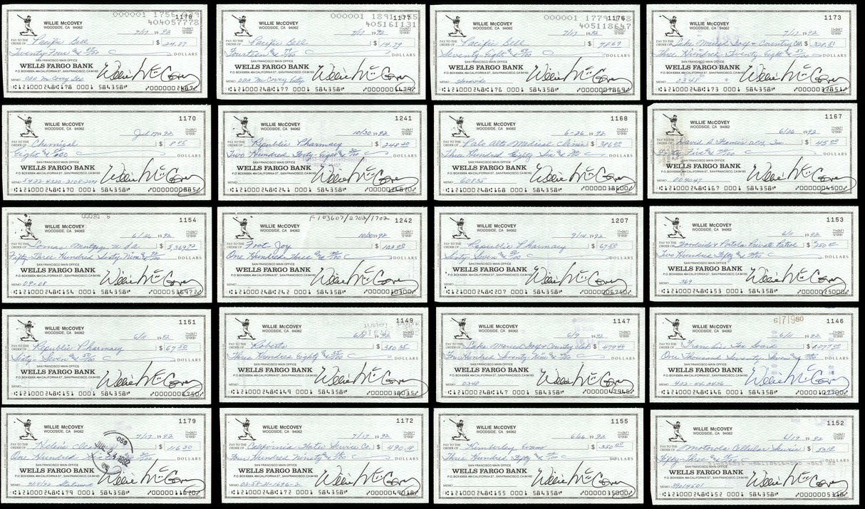 Lot of 20 Willie McCovey Autographed 3x6 Checks San Francisco Giants SKU #219426
