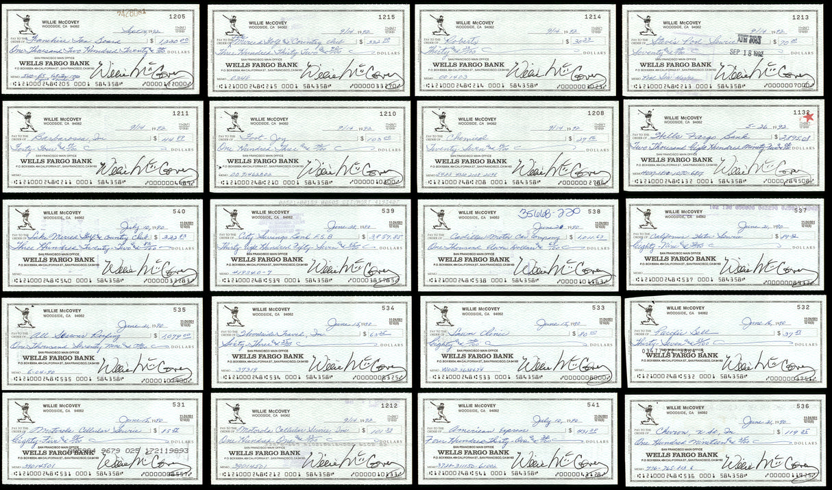 Lot of 20 Willie McCovey Autographed 3x6 Checks San Francisco Giants SKU #219427