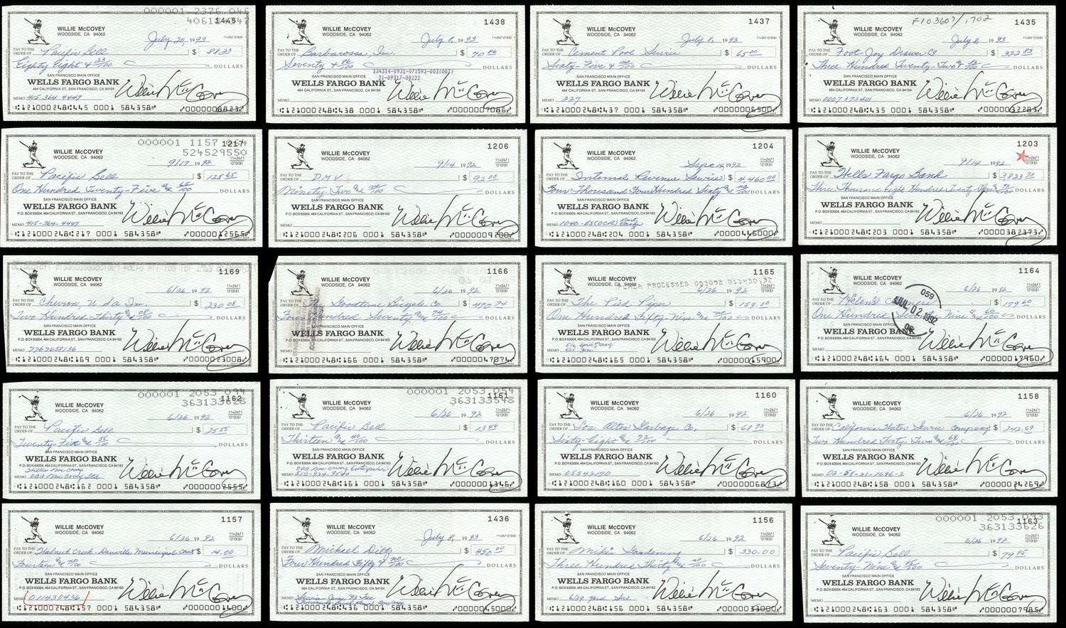 Lot of 20 Willie McCovey Autographed 3x6 Checks San Francisco Giants SKU #219428