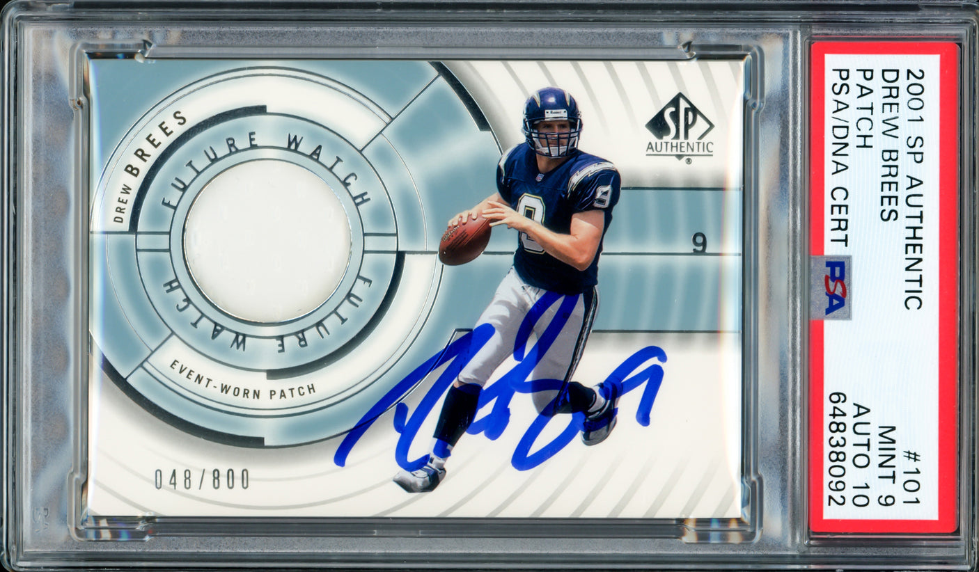 Drew Brees Autographed 2001 SP Authentic Patch Rookie Card #101 New Orleans Saints PSA 9 Auto Grade Gem Mint 10 Jersey #48/800 PSA/DNA #64838092