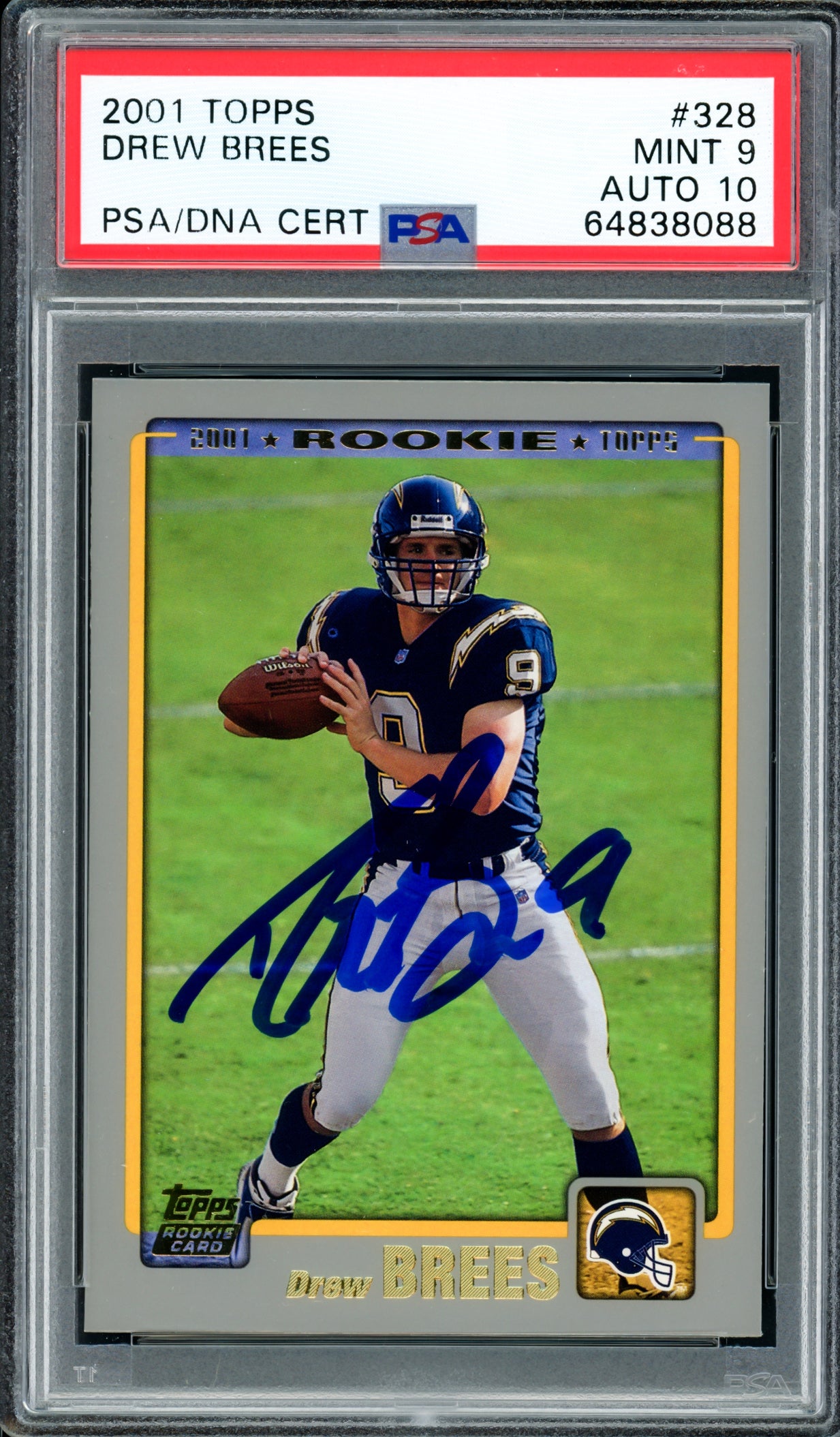 Drew Brees Autographed 2001 Topps Rookie Card #328 New Orleans Saints PSA 9 Auto Grade Gem Mint 10 PSA/DNA #64838088