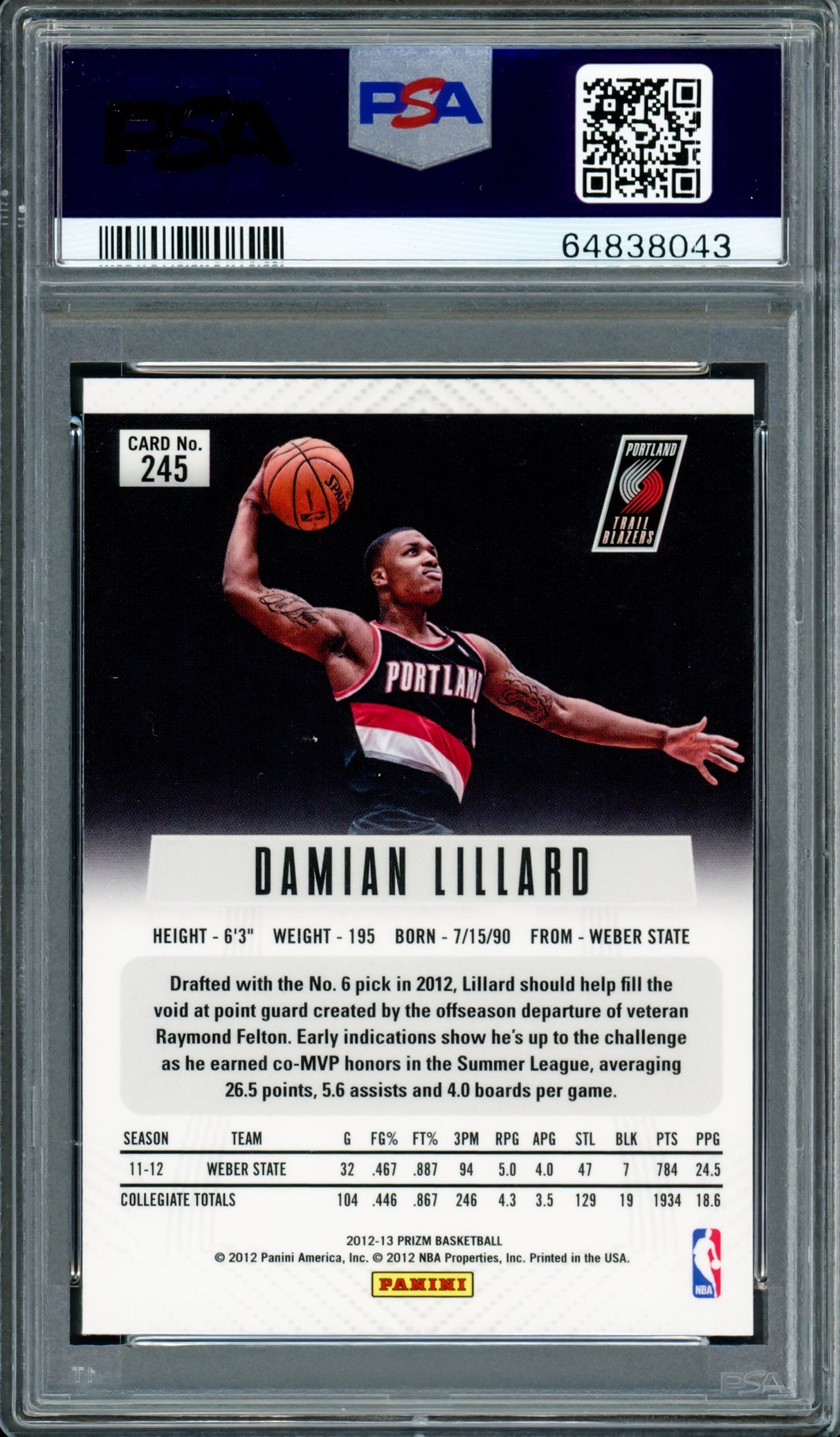 Damian Lillard Autographed 2012-13 Panini Prizm Rookie Card #245 Portland Trail Blazers PSA 9 Auto Grade Gem Mint 10 On Card PSA/DNA #64838043