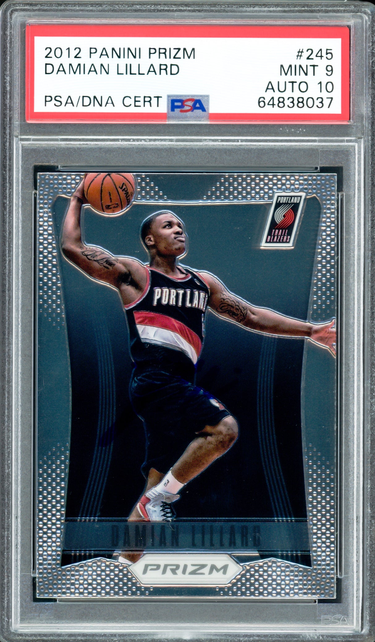 Damian Lillard Autographed 2012-13 Panini Prizm Rookie Card #245 Portland Trail Blazers PSA 9 Auto Grade Gem Mint 10 On Card PSA/DNA #64838037