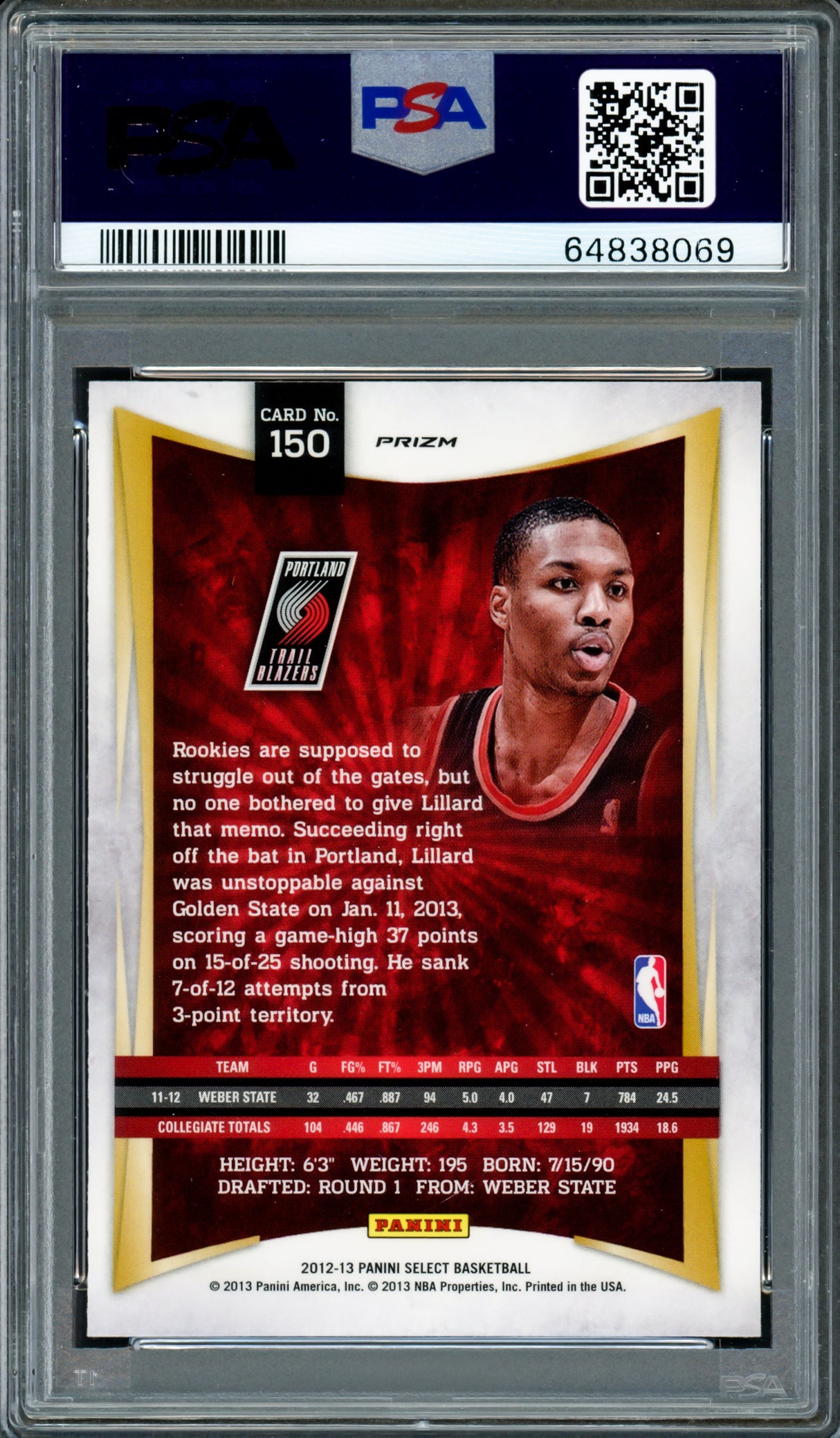 Damian Lillard Autographed 2012-13 Panini Select Silver Prizm Rookie Card #150 Portland Trail Blazers PSA 8 Auto Grade Gem Mint 10 On Card PSA/DNA #64838069
