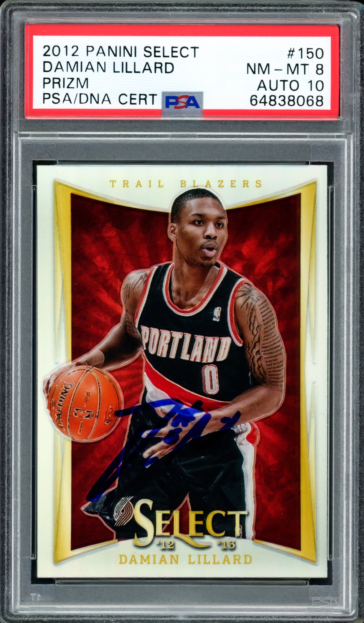 Damian Lillard Autographed 2012-13 Panini Select Silver Prizm Rookie Card #150 Portland Trail Blazers PSA 8 Auto Grade Gem Mint 10 On Card PSA/DNA #64838068