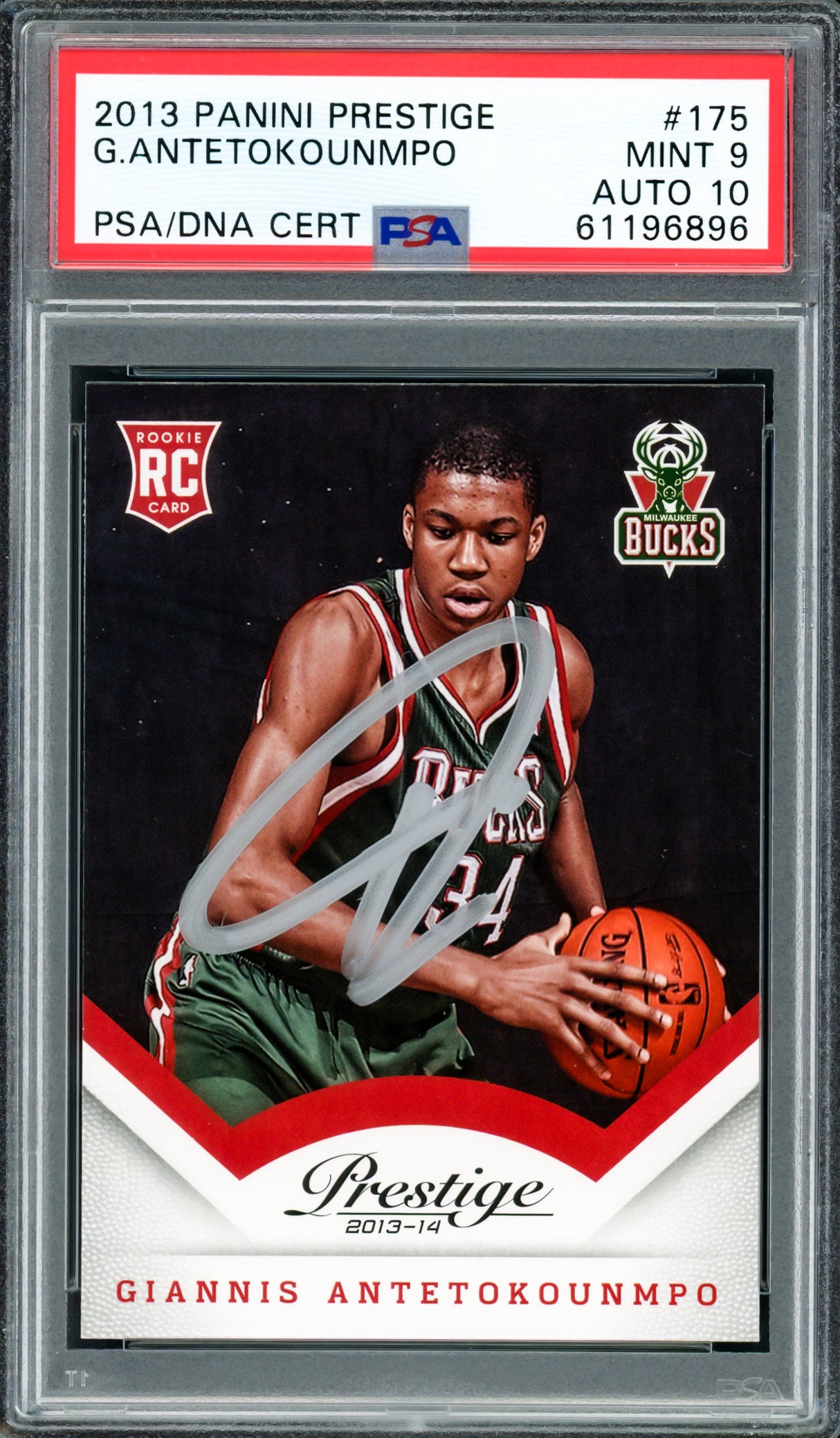 Giannis Antetokounmpo Autographed 2013 Panini Prestige Rookie Card #175 Milwaukee Bucks PSA 9 Auto Grade Gem Mint 10 PSA/DNA #61196896