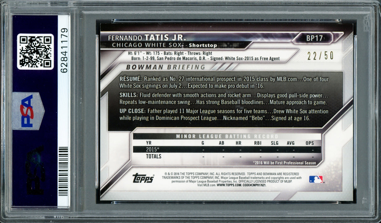 Fernando Tatis Jr. Autographed 2016 Bowman Prospects Gold Rookie Card #BP17 San Diego Padres PSA 8 Auto Grade Gem Mint 10 #22/50 PSA/DNA #62841179