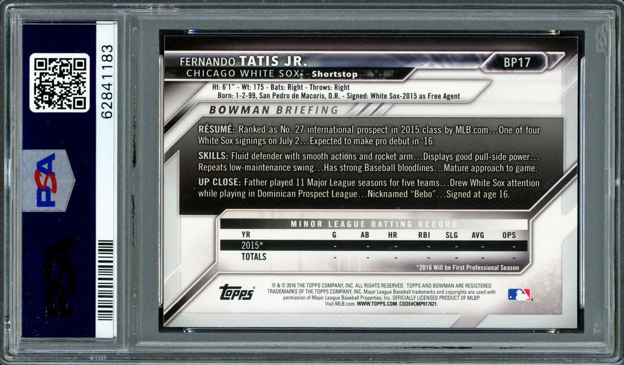 Fernando Tatis Jr. Autographed 2016 Bowman Prospects Yellow Rookie Card #BP17 San Diego Padres PSA 9 Auto Grade Gem Mint 10 PSA/DNA #62841183