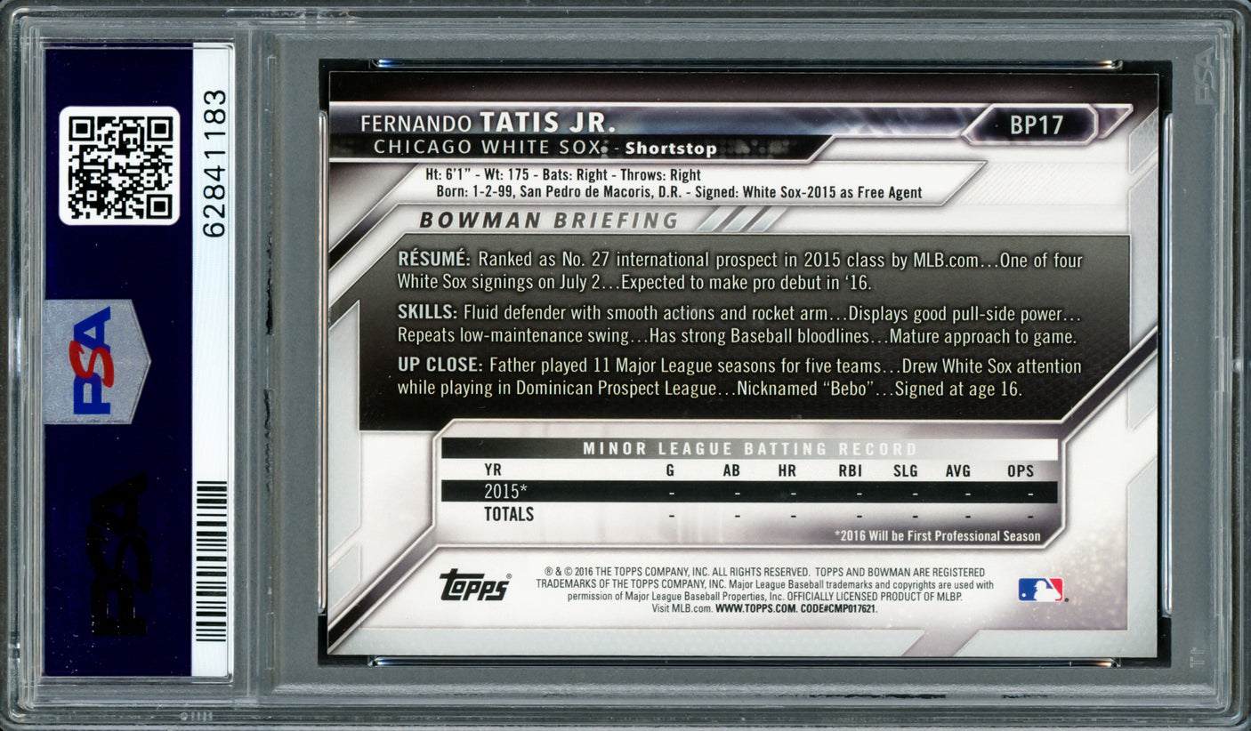 Fernando Tatis Jr. Autographed 2016 Bowman Prospects Yellow Rookie Card #BP17 San Diego Padres PSA 9 Auto Grade Gem Mint 10 PSA/DNA #62841183