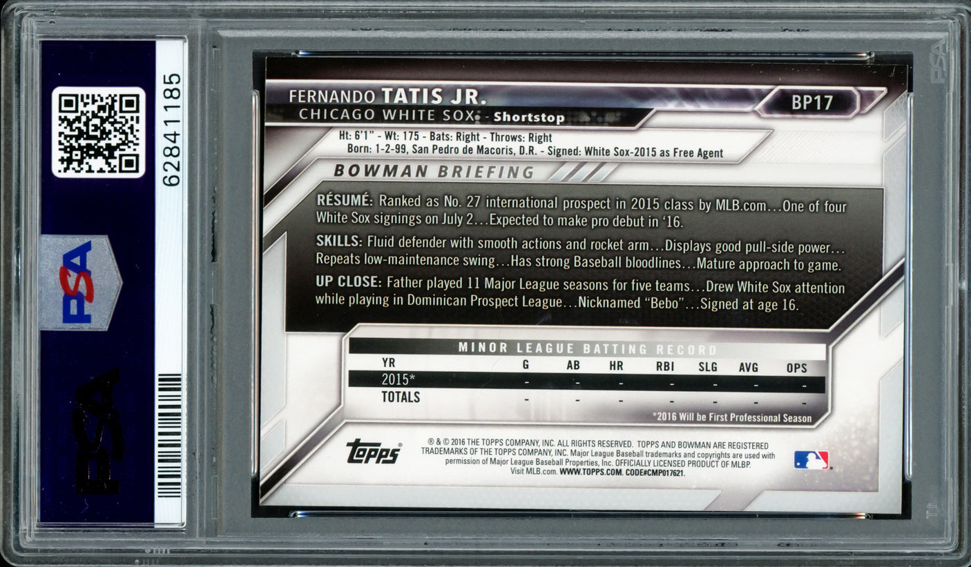 Fernando Tatis Jr. Autographed 2016 Bowman Prospects Yellow Rookie Card #BP17 San Diego Padres PSA 9 Auto Grade Gem Mint 10 PSA/DNA #62841185
