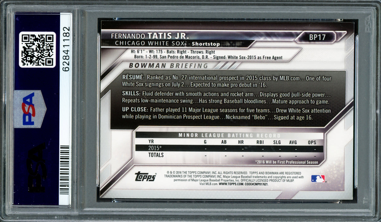 Fernando Tatis Jr. Autographed 2016 Bowman Prospects Yellow Rookie Card #BP17 San Diego Padres PSA 9 Auto Grade Mint 9 PSA/DNA #62841182