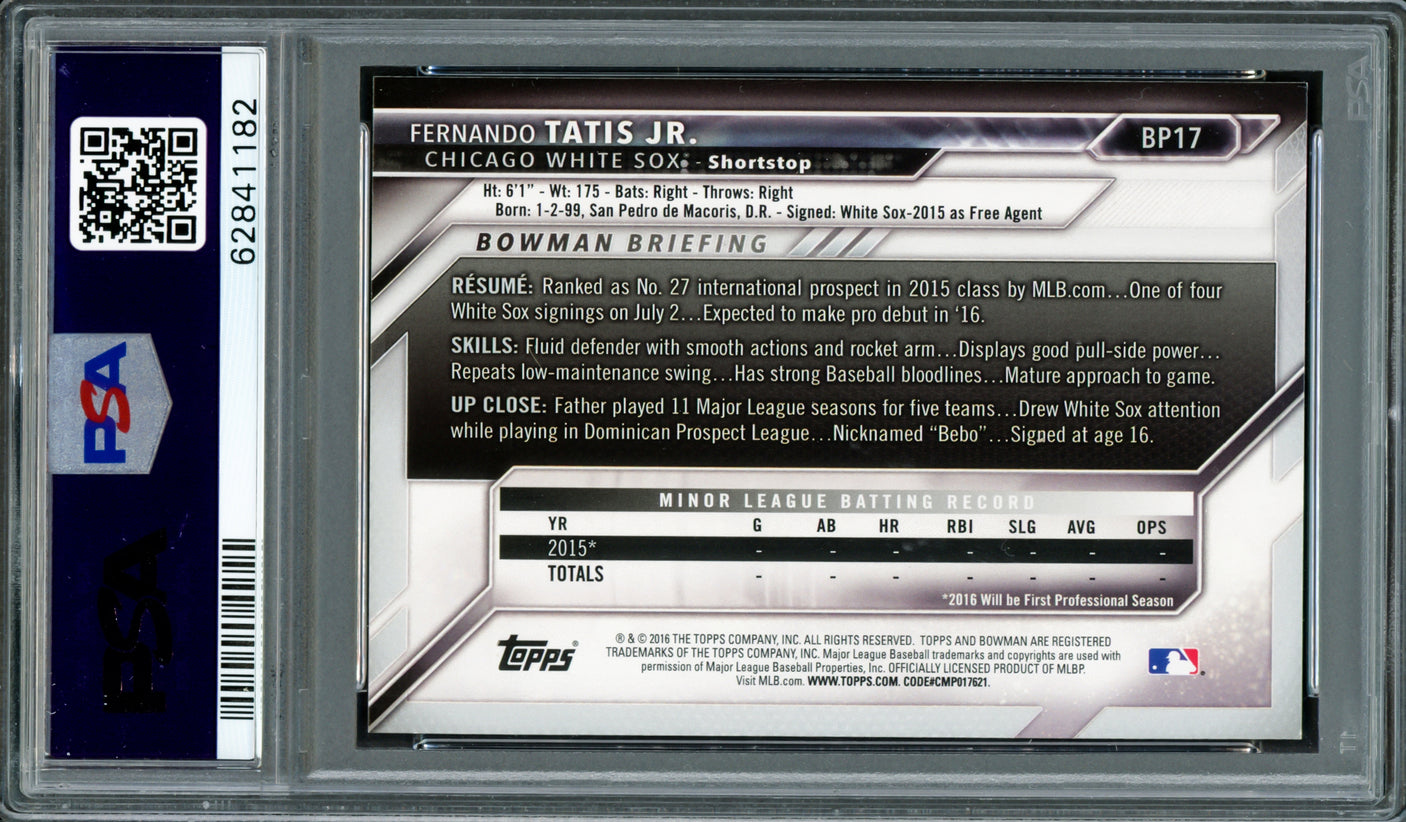 Fernando Tatis Jr. Autographed 2016 Bowman Prospects Yellow Rookie Card #BP17 San Diego Padres PSA 9 Auto Grade Mint 9 PSA/DNA #62841182