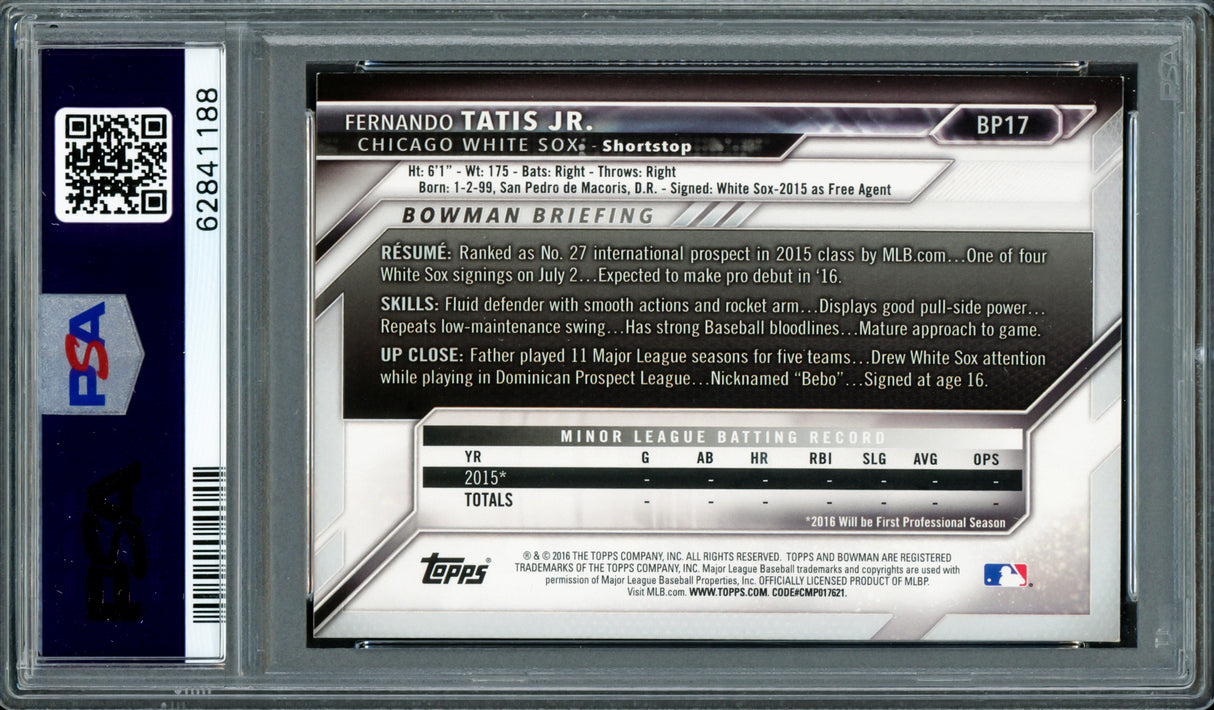 Fernando Tatis Jr. Autographed 2016 Bowman Prospects Yellow Rookie Card #BP17 San Diego Padres PSA 8 Auto Grade Gem Mint 10 PSA/DNA #62841188
