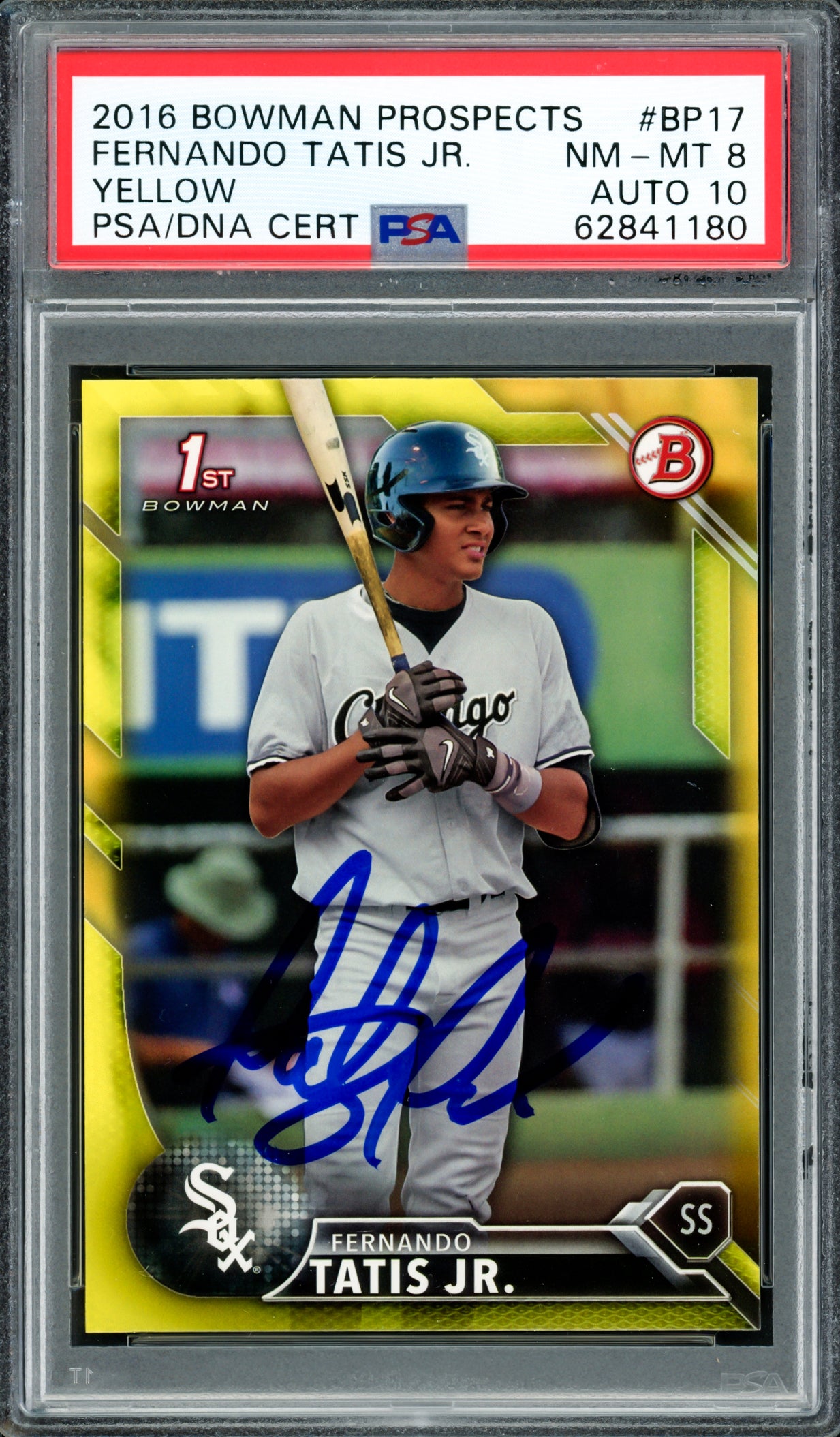 Fernando Tatis Jr. Autographed 2016 Bowman Prospects Yellow Rookie Card #BP17 San Diego Padres PSA 8 Auto Grade Gem Mint 10 PSA/DNA #62841180
