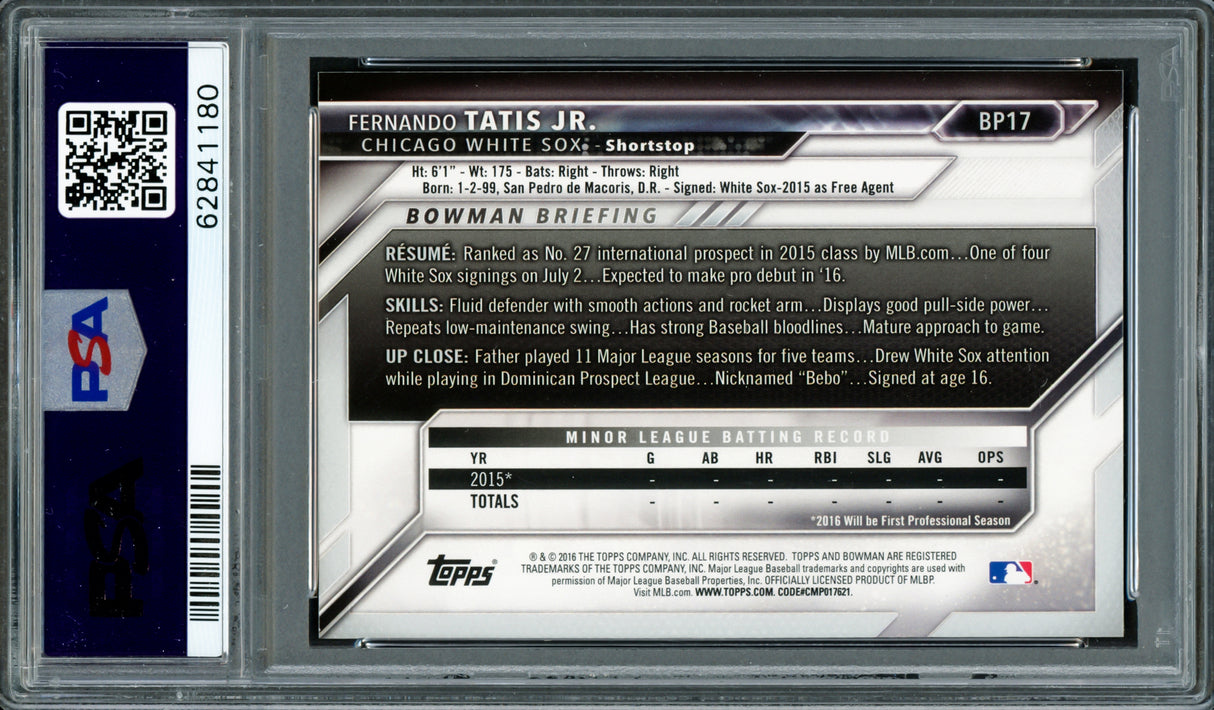 Fernando Tatis Jr. Autographed 2016 Bowman Prospects Yellow Rookie Card #BP17 San Diego Padres PSA 8 Auto Grade Gem Mint 10 PSA/DNA #62841180