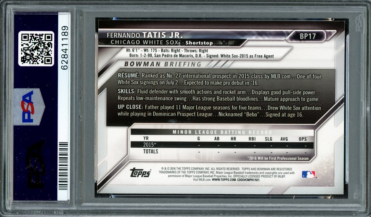 Fernando Tatis Jr. Autographed 2016 Bowman Prospects Yellow Rookie Card #BP17 San Diego Padres PSA 7 Auto Grade Gem Mint 10 PSA/DNA #62841189