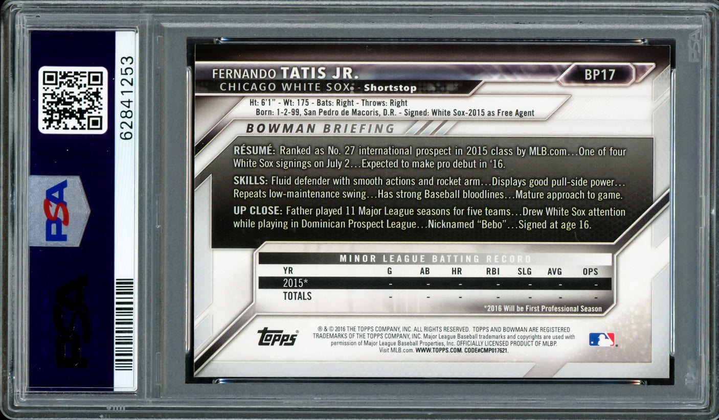 Fernando Tatis Jr. Autographed 2016 Bowman Prospects Rookie Card #BP17 San Diego Padres PSA 10 Auto Grade Gem Mint 10 PSA/DNA #62841253