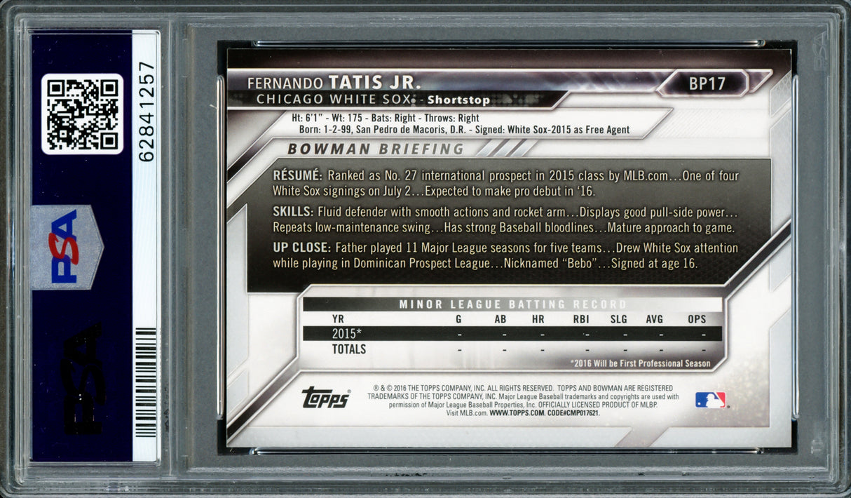 Fernando Tatis Jr. Autographed 2016 Bowman Prospects Rookie Card #BP17 San Diego Padres PSA 9 Auto Grade Gem Mint 10 PSA/DNA #62841257