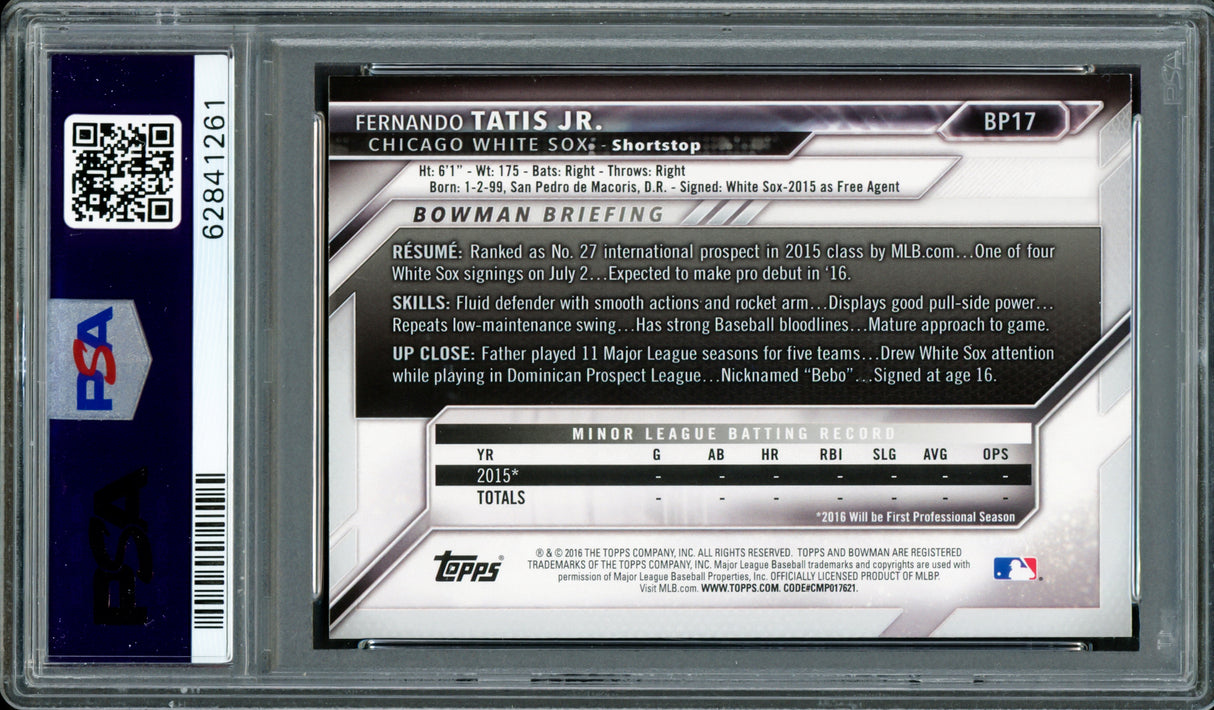 Fernando Tatis Jr. Autographed 2016 Bowman Prospects Rookie Card #BP17 San Diego Padres PSA 9 Auto Grade Gem Mint 10 PSA/DNA #62841261