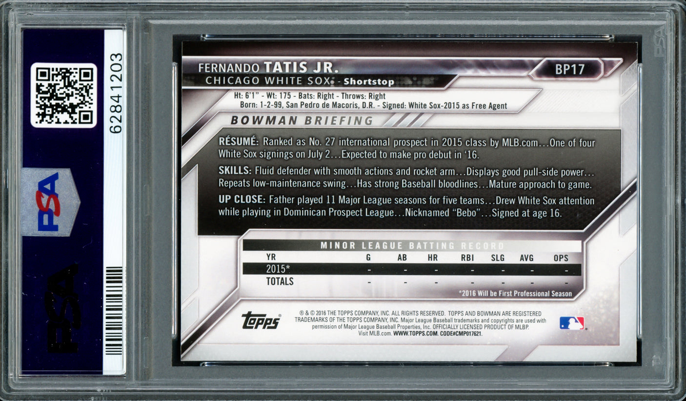 Fernando Tatis Jr. Autographed 2016 Bowman Prospects Rookie Card #BP17 San Diego Padres PSA 9 Auto Grade Mint 9 PSA/DNA Stock #208568