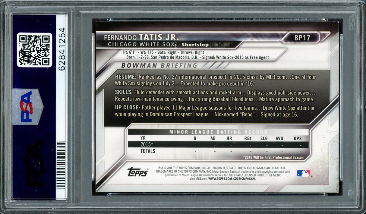 Fernando Tatis Jr. Autographed 2016 Bowman Prospects Rookie Card #BP17 San Diego Padres PSA 7 Auto Grade Gem Mint 10 PSA/DNA Stock #208572