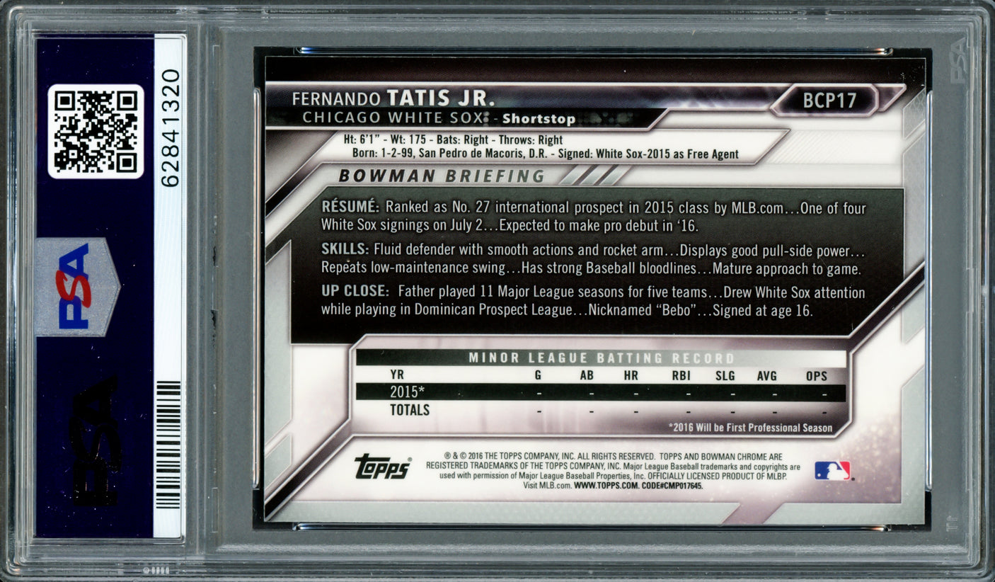 Fernando Tatis Jr. Autographed 2016 Bowman Chrome Prospects Rookie Card #BCP17 San Diego Padres PSA 9 Auto Grade Mint 9 PSA/DNA #62841320