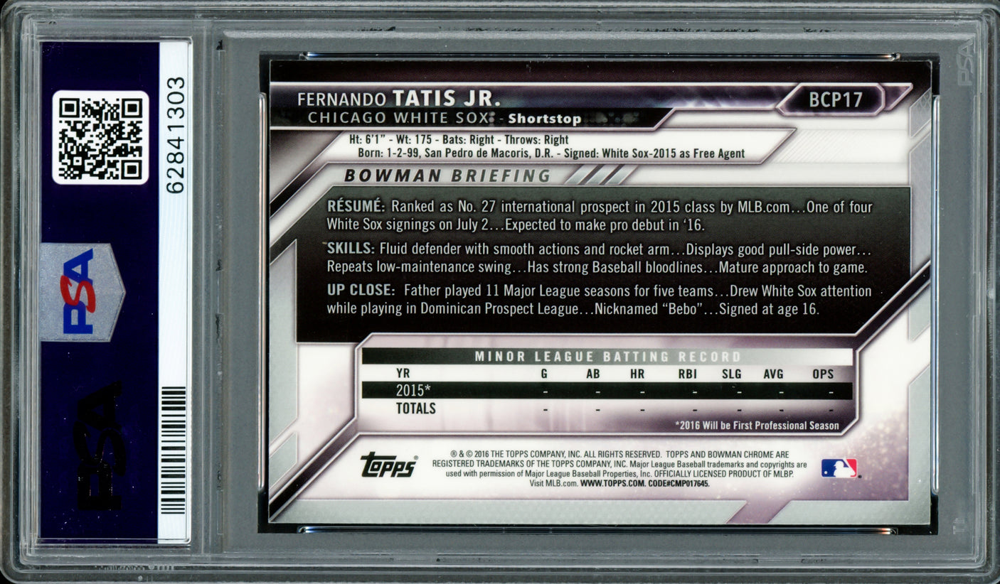 Fernando Tatis Jr. Autographed 2016 Bowman Chrome Prospects Rookie Card #BCP17 San Diego Padres PSA 7 Auto Grade Gem Mint 10 PSA/DNA Stock #208582