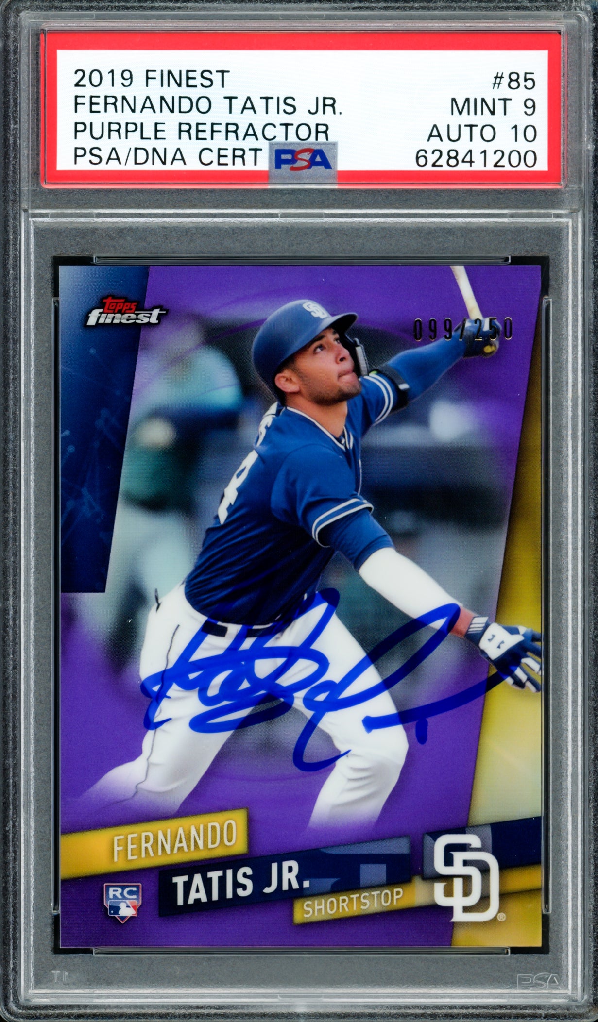 Fernando Tatis Jr. Autographed 2019 Topps Finest Purple Refractor Rookie Card #85 San Diego Padres PSA 9 Auto Grade Gem Mint 10 #99/250 PSA/DNA #62841200